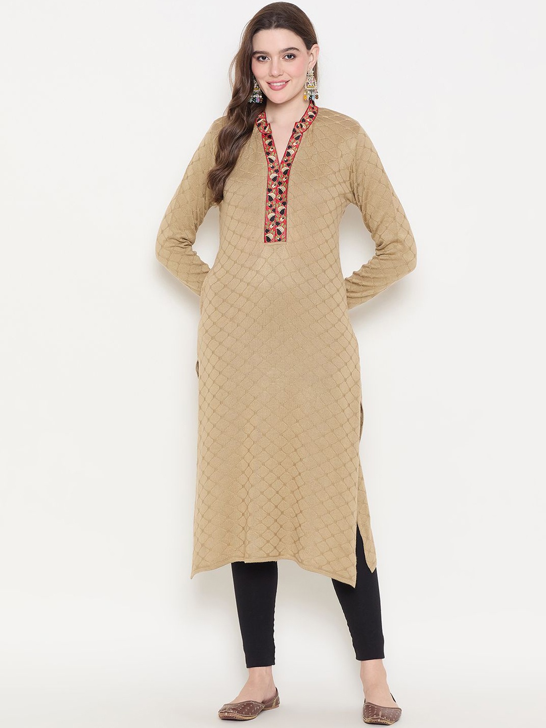 

Zigo Winter Wear Floral Embroidered Thread Work Yoke Design Straight Woollen Kurta, Beige