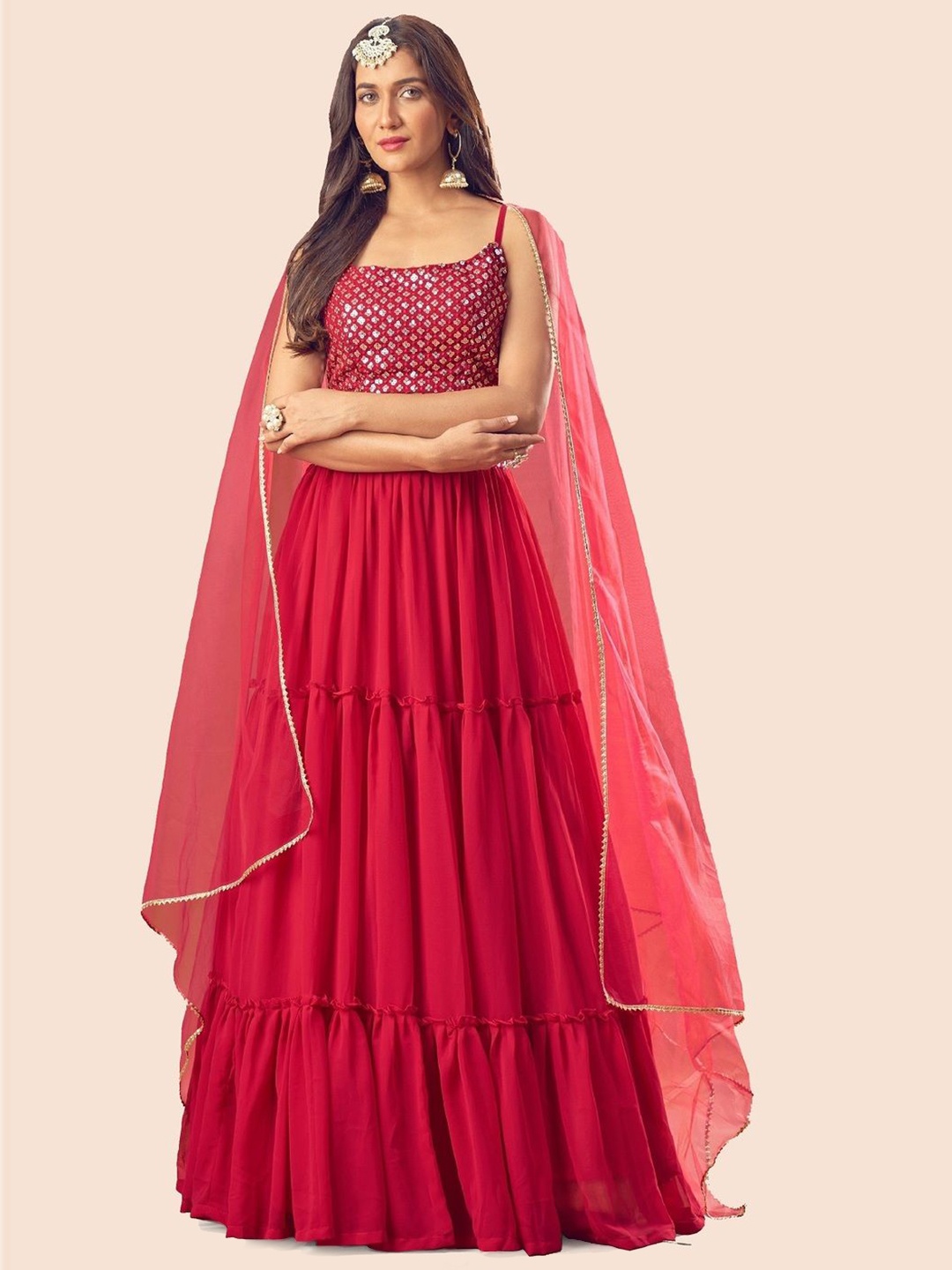 

KALINI Embroidered Sequinned Semi-Stitched Lehenga & Unstitched Blouse With Dupatta, Red