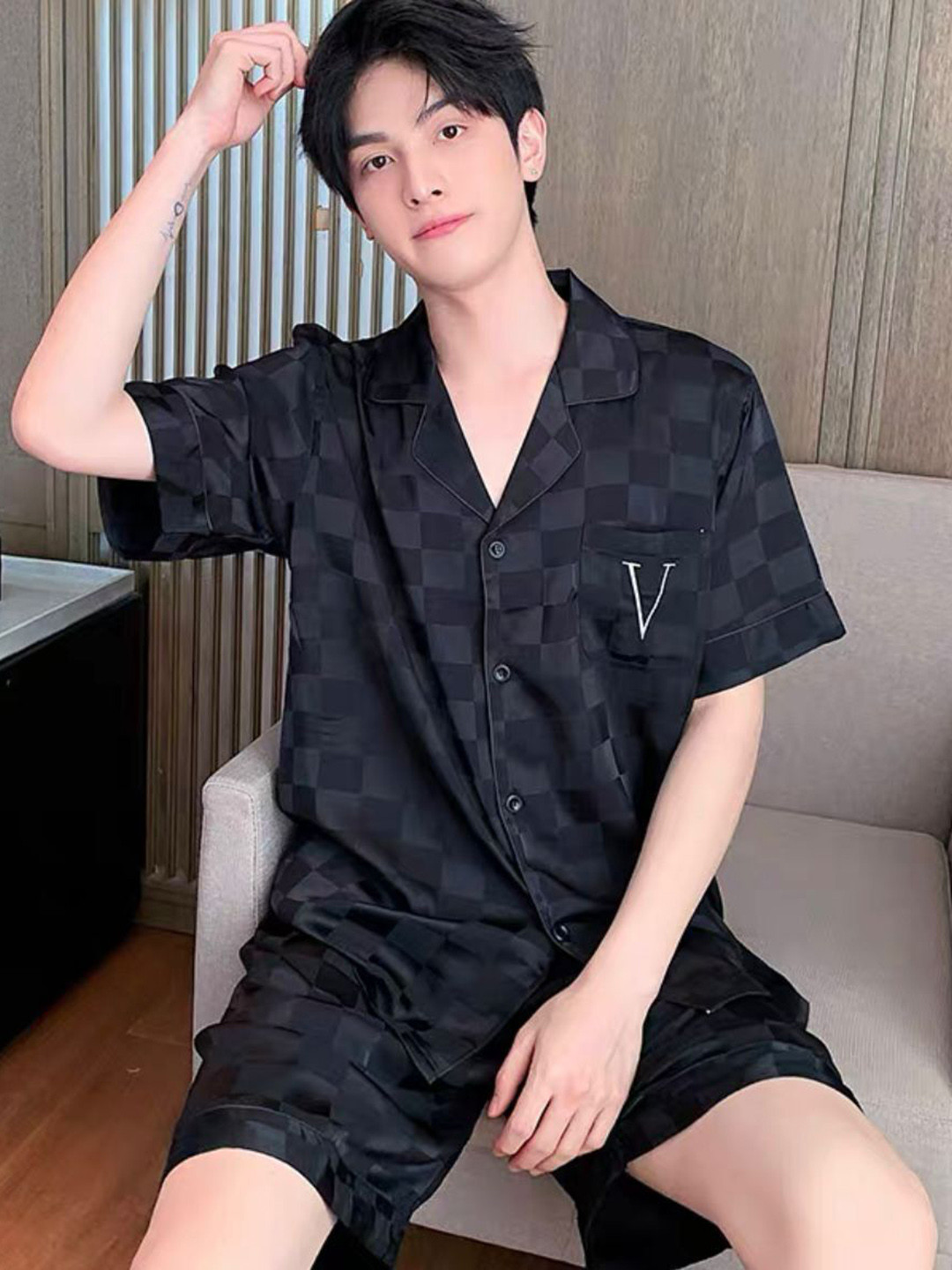 

StyleCast Checked Lapel Collar Short Sleeves Shirt With Shorts, Black
