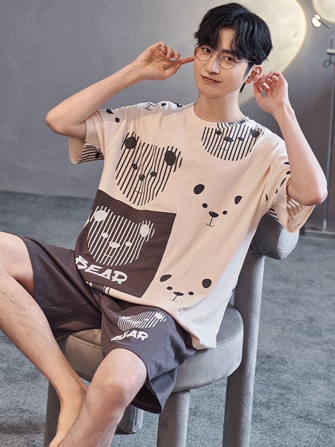 

StyleCast Printed Pure cotton T-Shirt With Shorts Night Suits, Brown