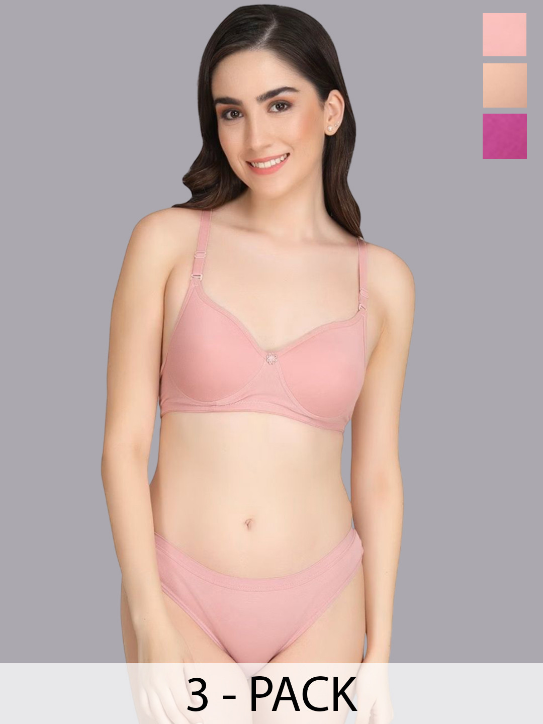 

Designer Bugs Women Pack Of 3 Seamless Lightly-Padded Lingerie Set DBLS-RG-DP-PH-30B, Rose gold