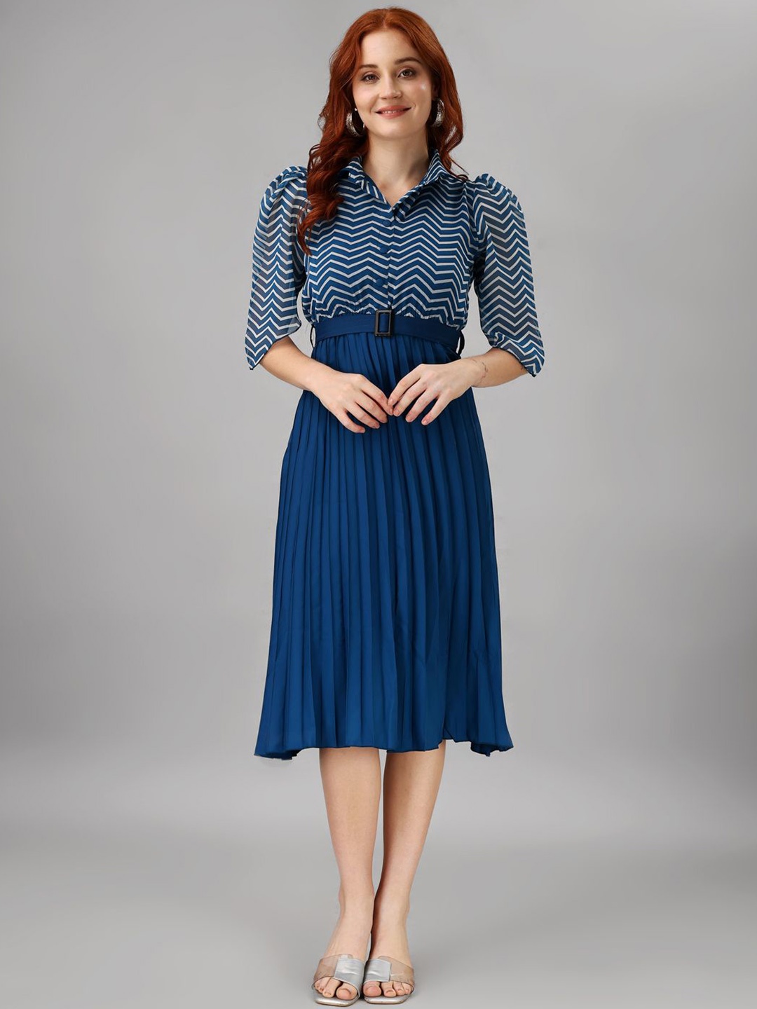 

Raiyani Enterprise Women Striped Applique Georgette Fit & Flare Shirt Collar Maxi Dress, Blue