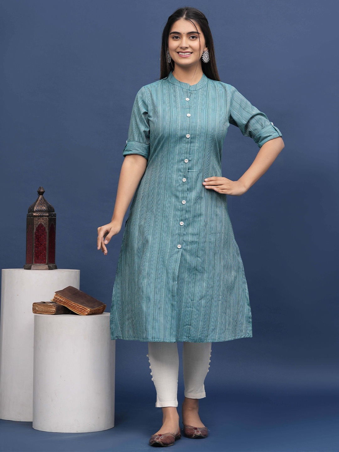 

DIZON Woven Design Mandarin Collar Pure Cotton Kurta, Turquoise blue