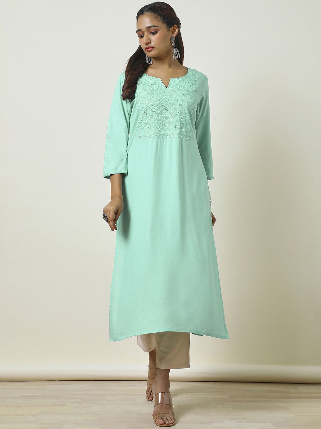 

Soch Floral Embroidered Sequinned Straight Kurta, Turquoise blue