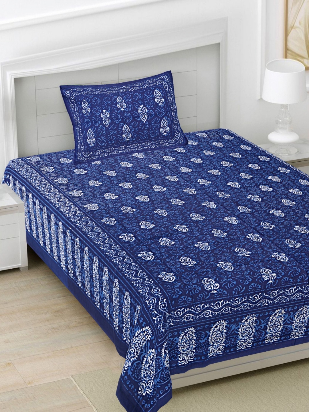 

FrionKandy Living Blue Printed Cotton 180 TC Single Bedsheet Set 2.28 m x 1.52 m