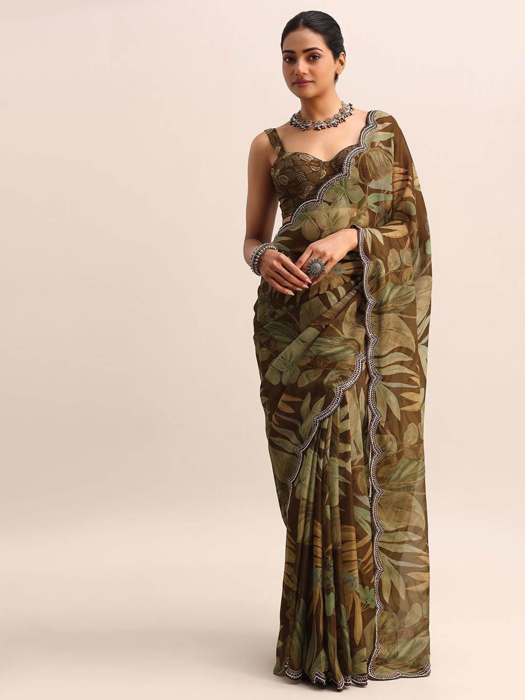 

KALKI Fashion Women Floral Printed Beads and Stones Tissue Saree, Brown