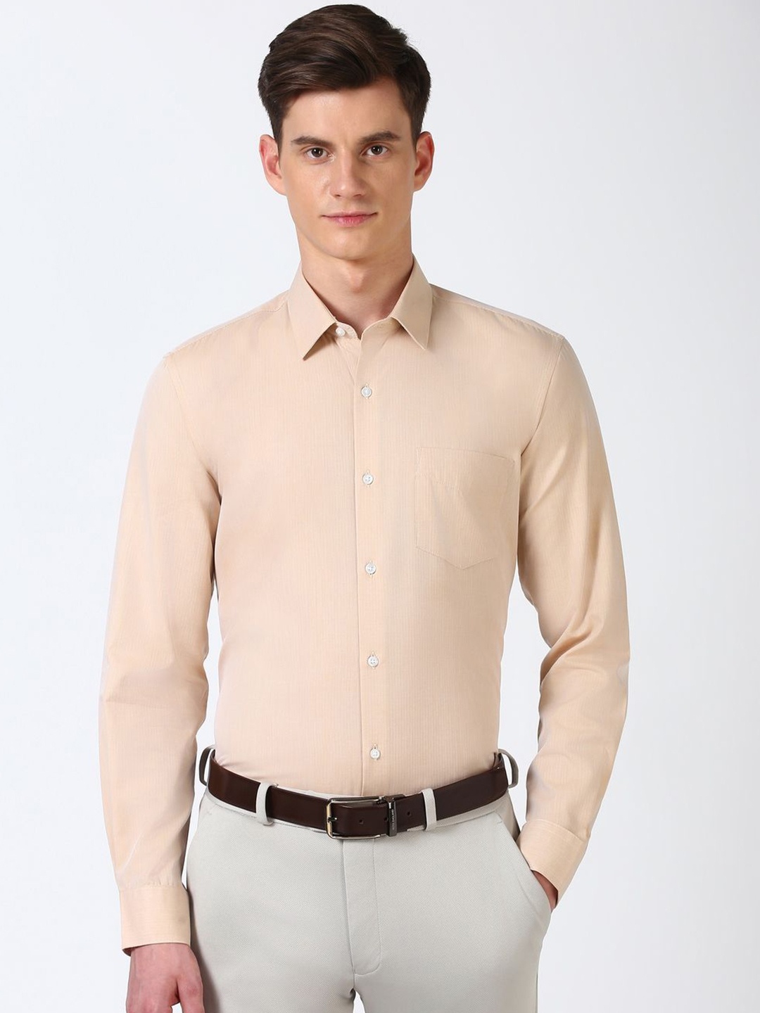 

Peter England Men Spread Collar Solid Cotton Casual Shirt, Peach