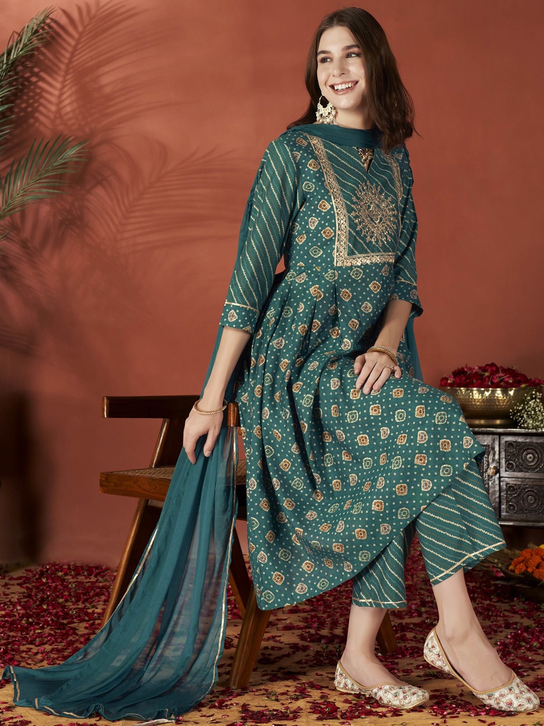

Anouk Green Geometric Printed Chanderi Silk A-Line Kurta With Trousers & Dupatta