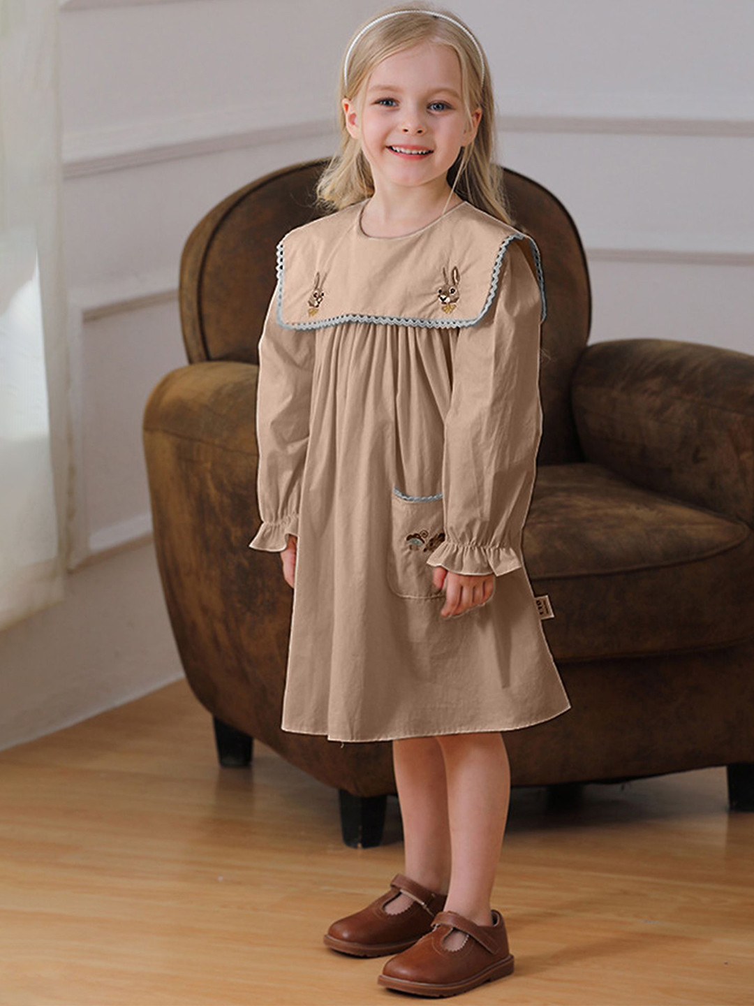 

LULU & SKY Girls Cotton Round Neck A-Line Dress, Beige