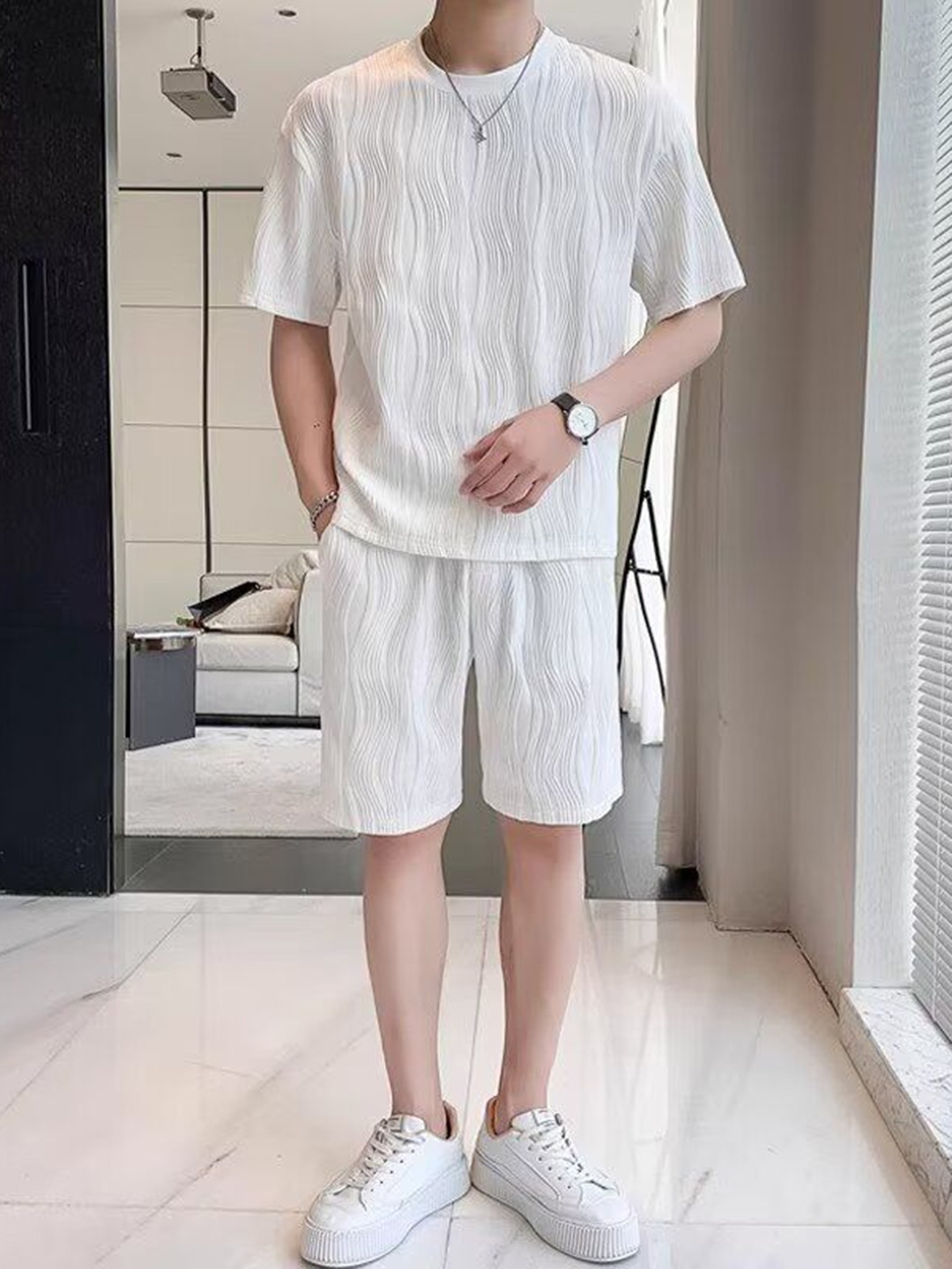 

StyleCast Self Design Round Neck T-Shirt With Short, White