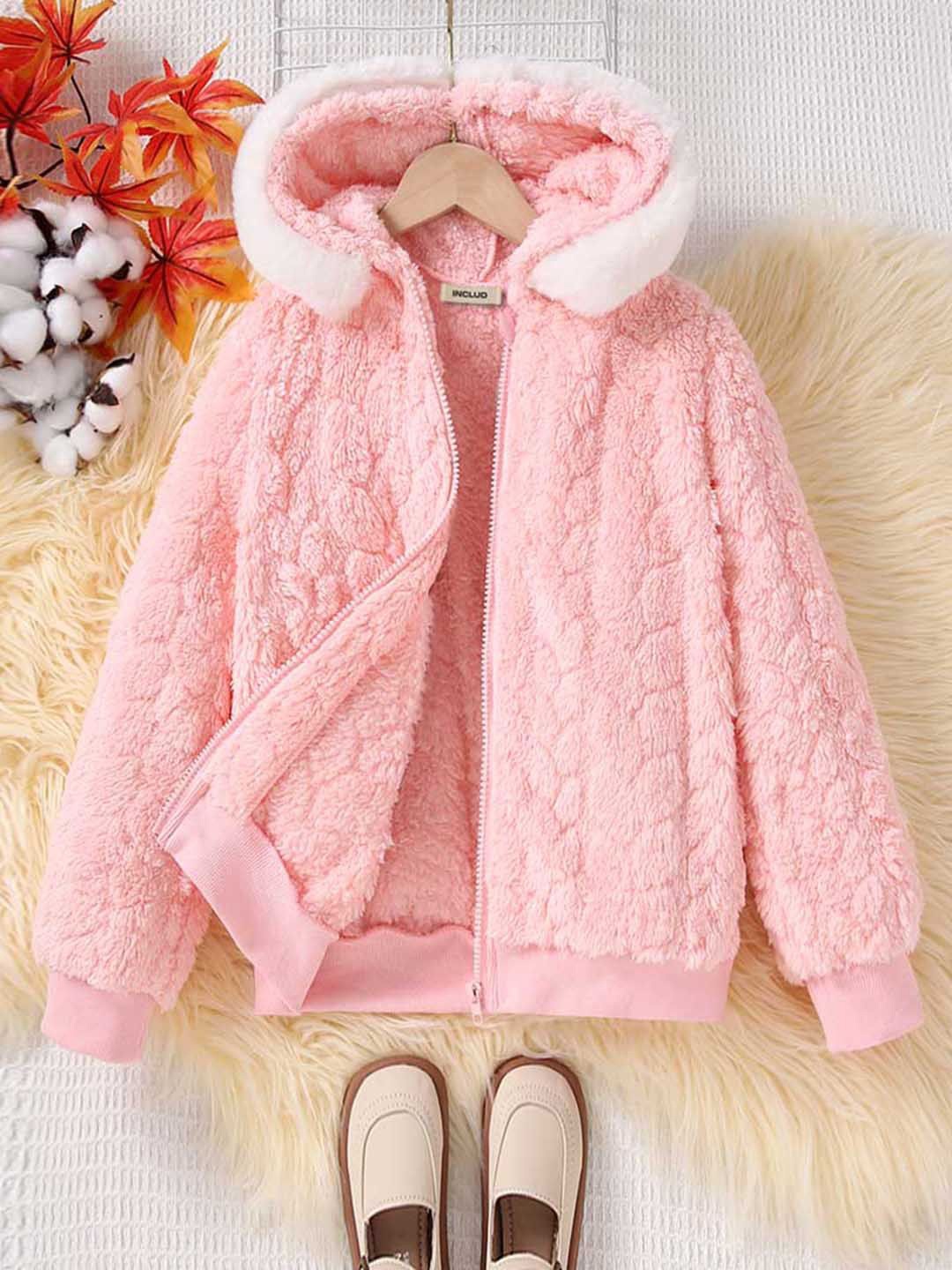 

INCLUD Girls Hooded Self Design Casual Parka Jacket, Pink