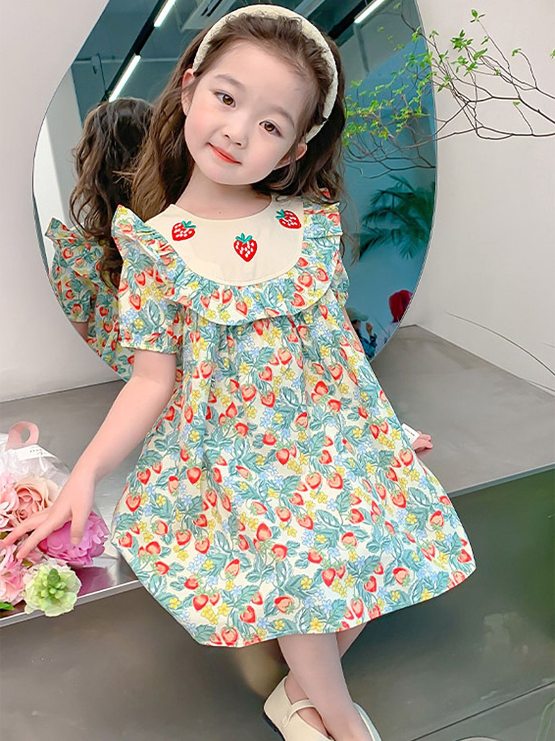 

LULU & SKY Girls Printed Flutter Sleeve Fit & Flare Dress, Off white
