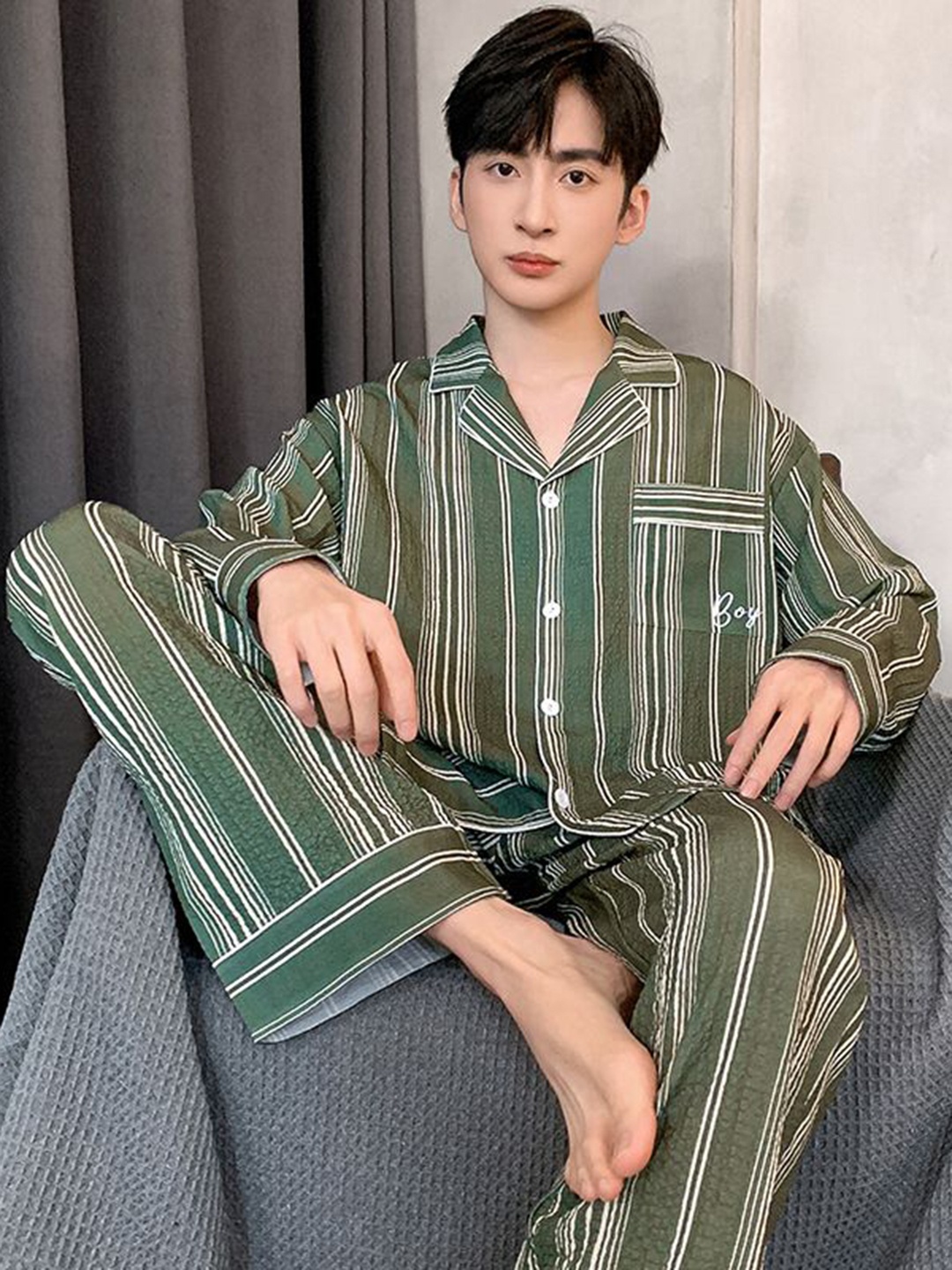 

StyleCast Striped Shirt with Pyjama Night Suits, Green
