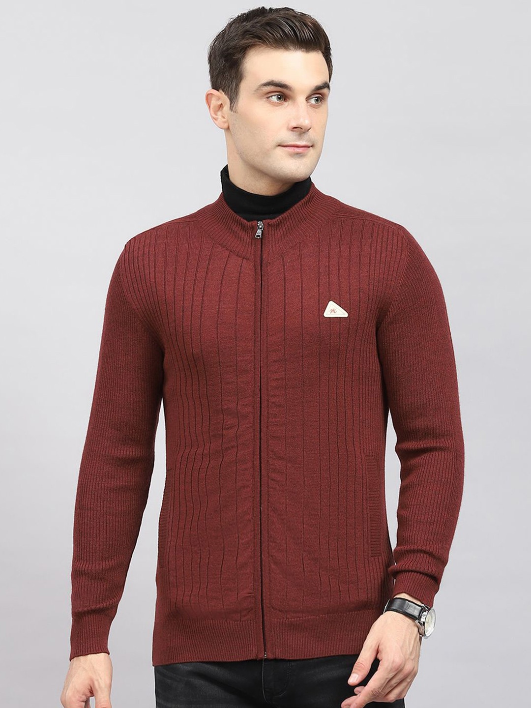 

Monte Carlo Men Striped Round Neck Woollen Cardigan, Maroon