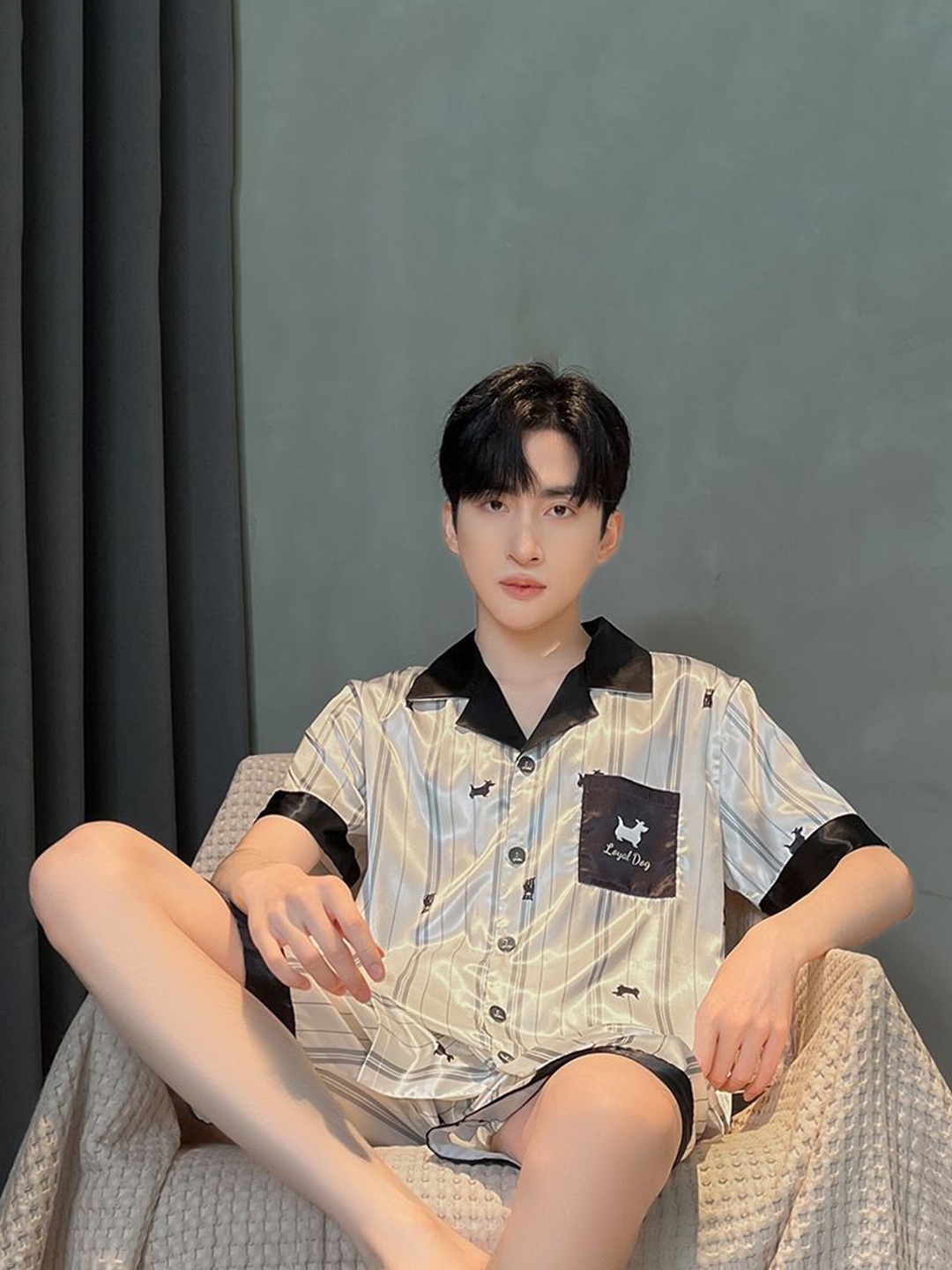 

StyleCast Striped Short Sleeves Shirt With Shorts Night Suit, Beige