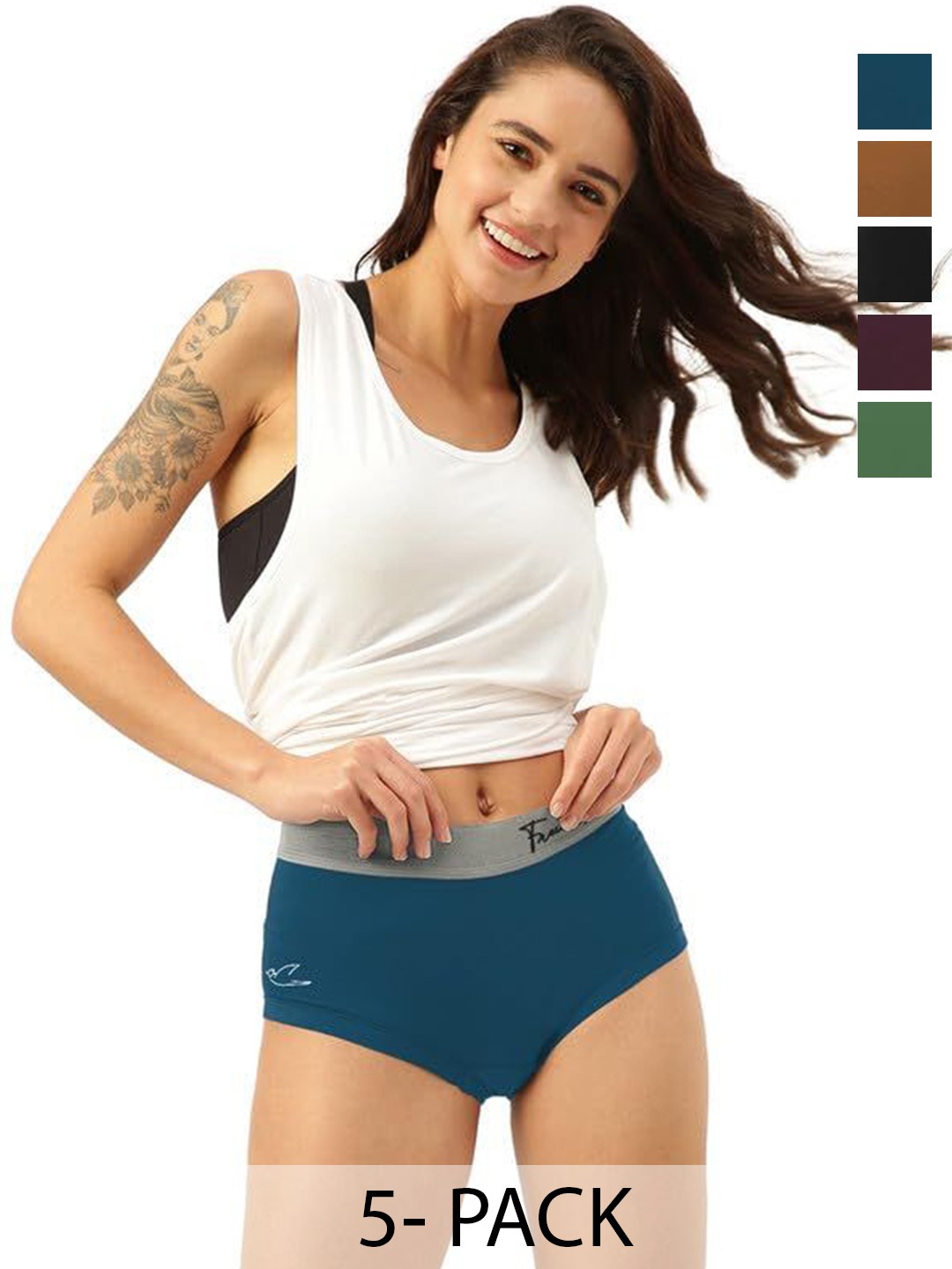 

FREECULTR Women Pack Of 5 MidRise BoxerStyle Anti Bacterial Briefs, Brown