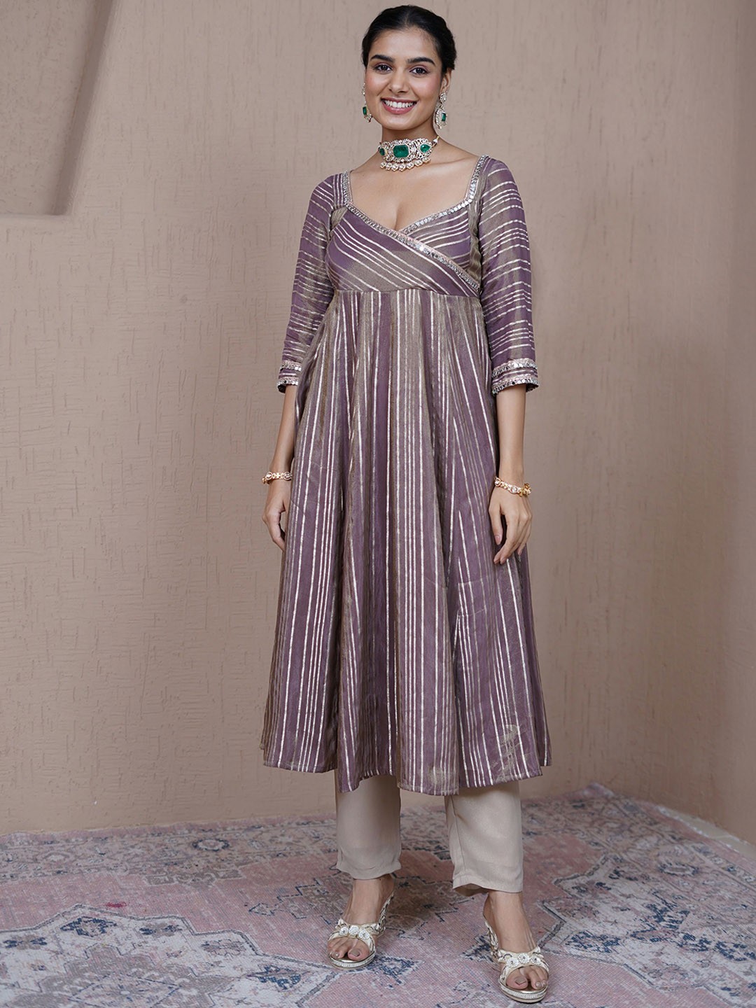 

Alaya By Stage3 Striped Regular Mirror Work Anarkali Kurta With Trouser With Dupatta, Bronze