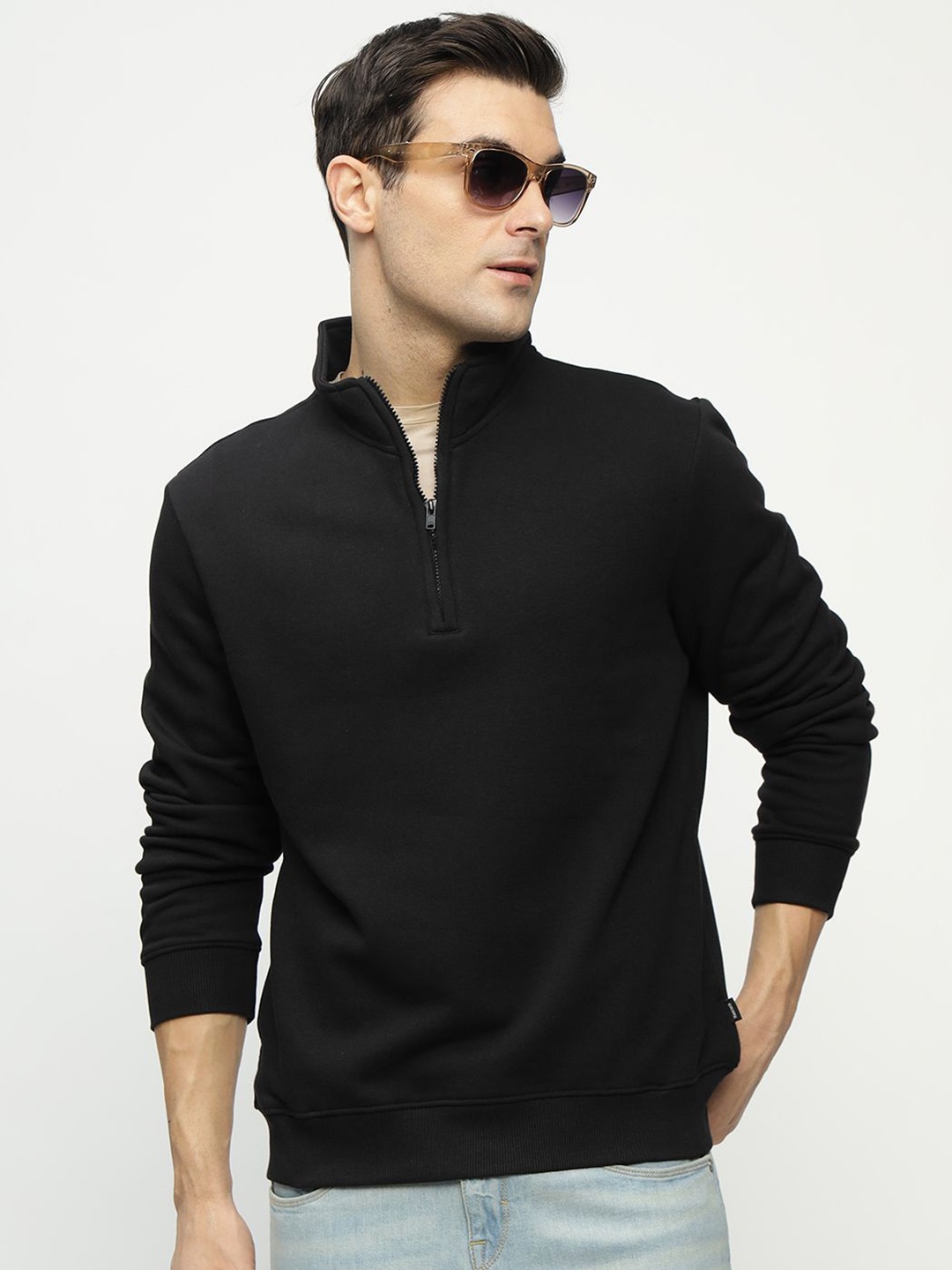 

Hancock Men Solid Mock Collar Anti Odour Fleece Pullover Sweatshirt, Black
