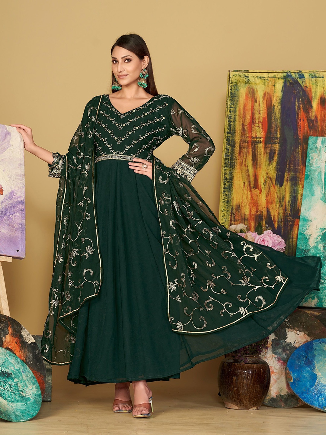 

Warthy Ent Floral Embroidered Semi-Stitched Dress Material, Green