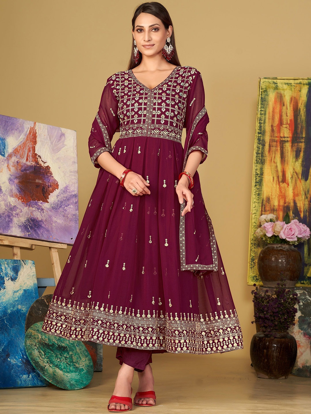 

Warthy Ent Floral Embroidered Semi-Stitched Dress Material, Pink