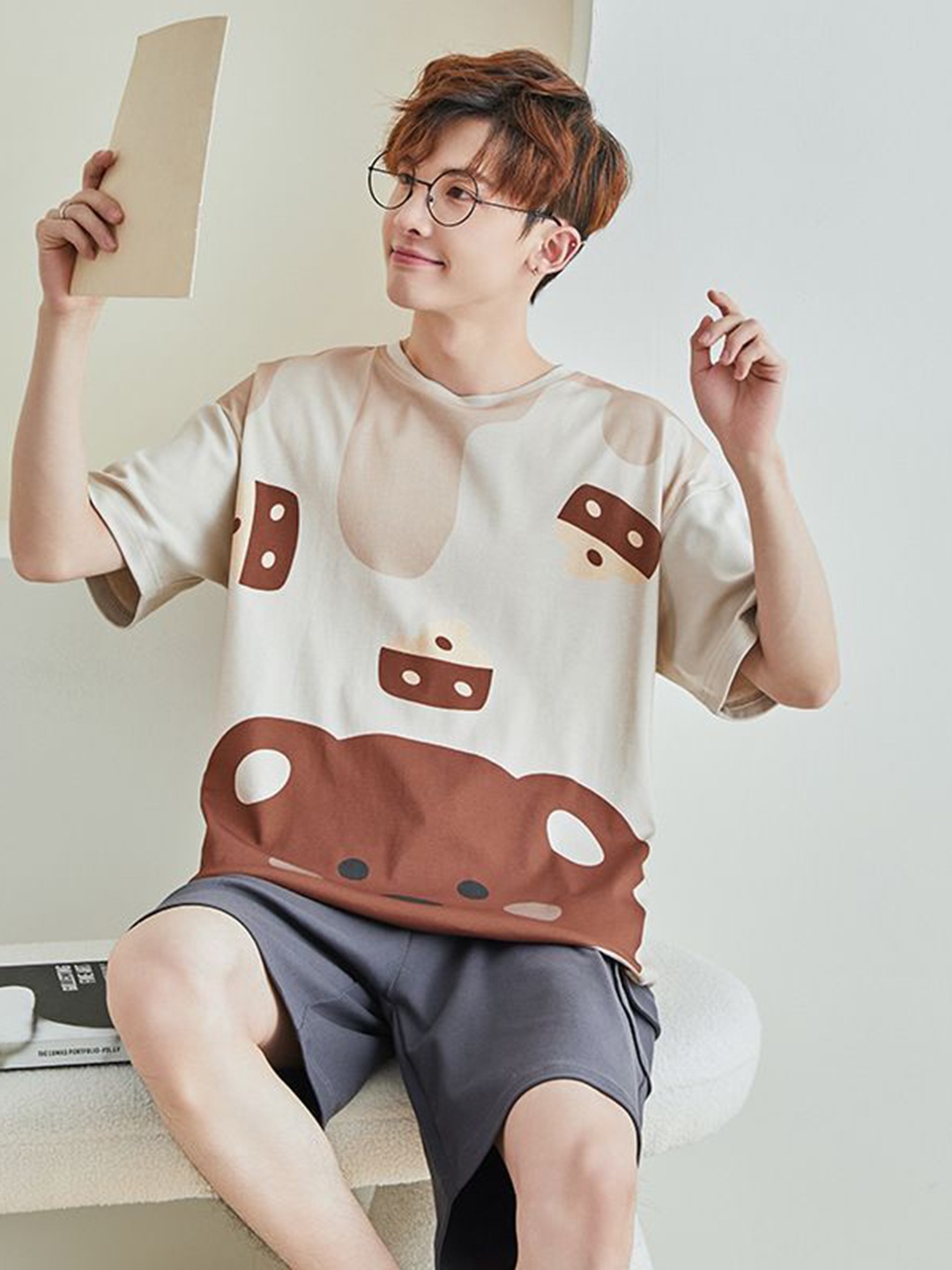 

StyleCast Printed Pure Cotton T-shirt With Shorts, Brown