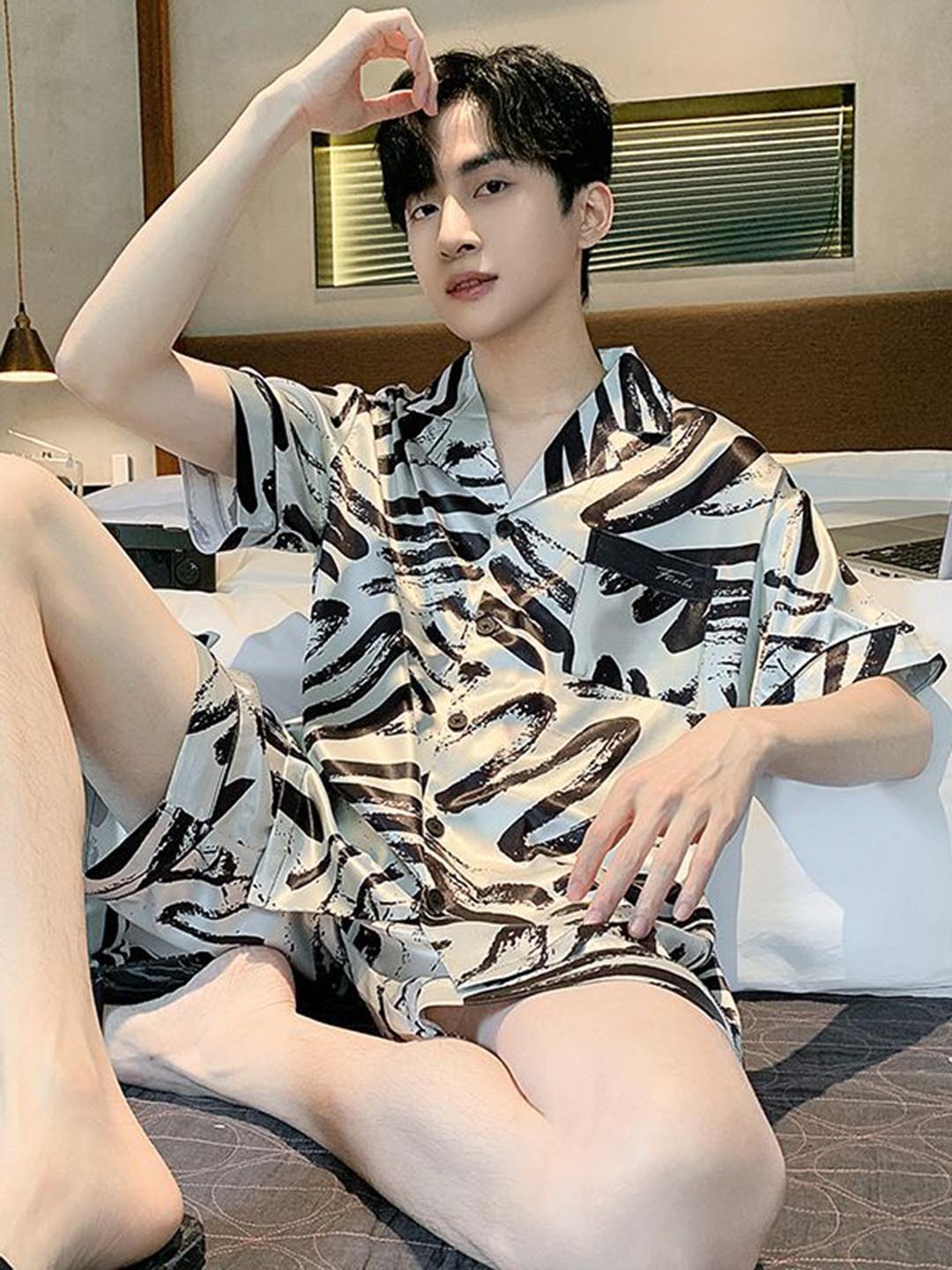 

StyleCast Abstract Printed Lapel Collar Short Sleeve Shirt With Shorts, Grey