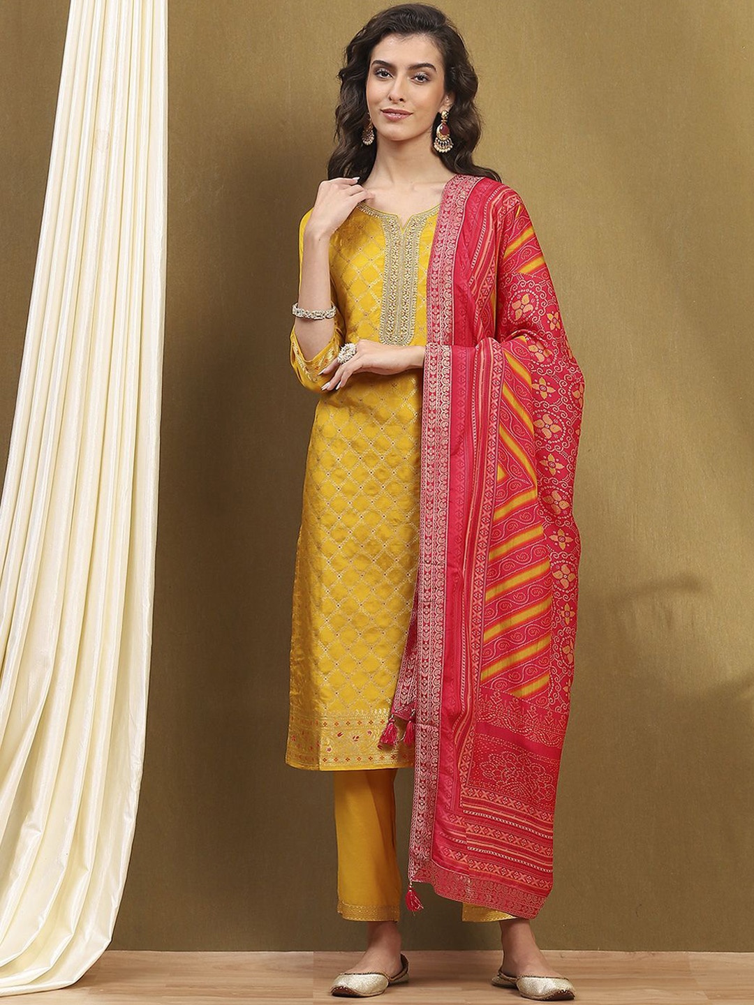 

Biba Ethnic Motifs Printed Regular Kurta with Palazzos & With Dupatta, Yellow