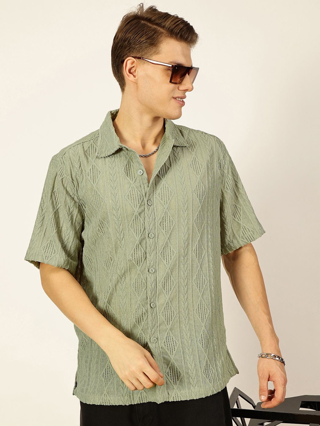 

Thomas Scott Men Premium Spread Collar Textured Oversized Casual Shirt, Green