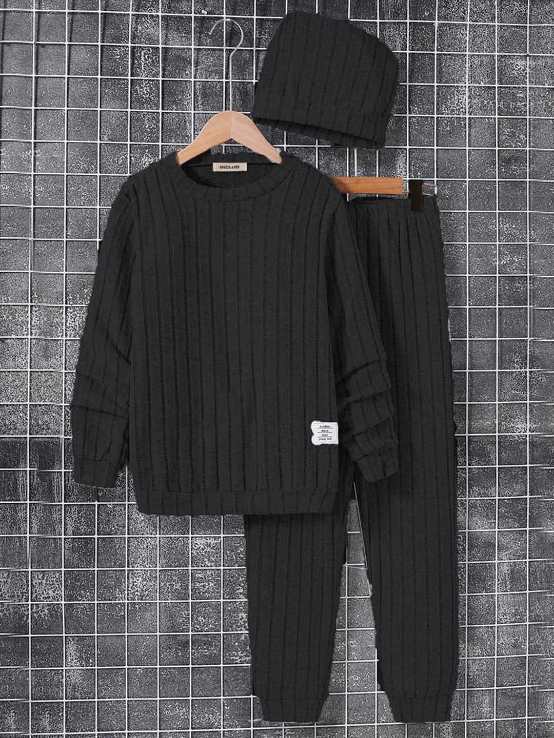 

INCLUD Boys Striped T-shirt with Trousers and Cap Clothing Set, Black
