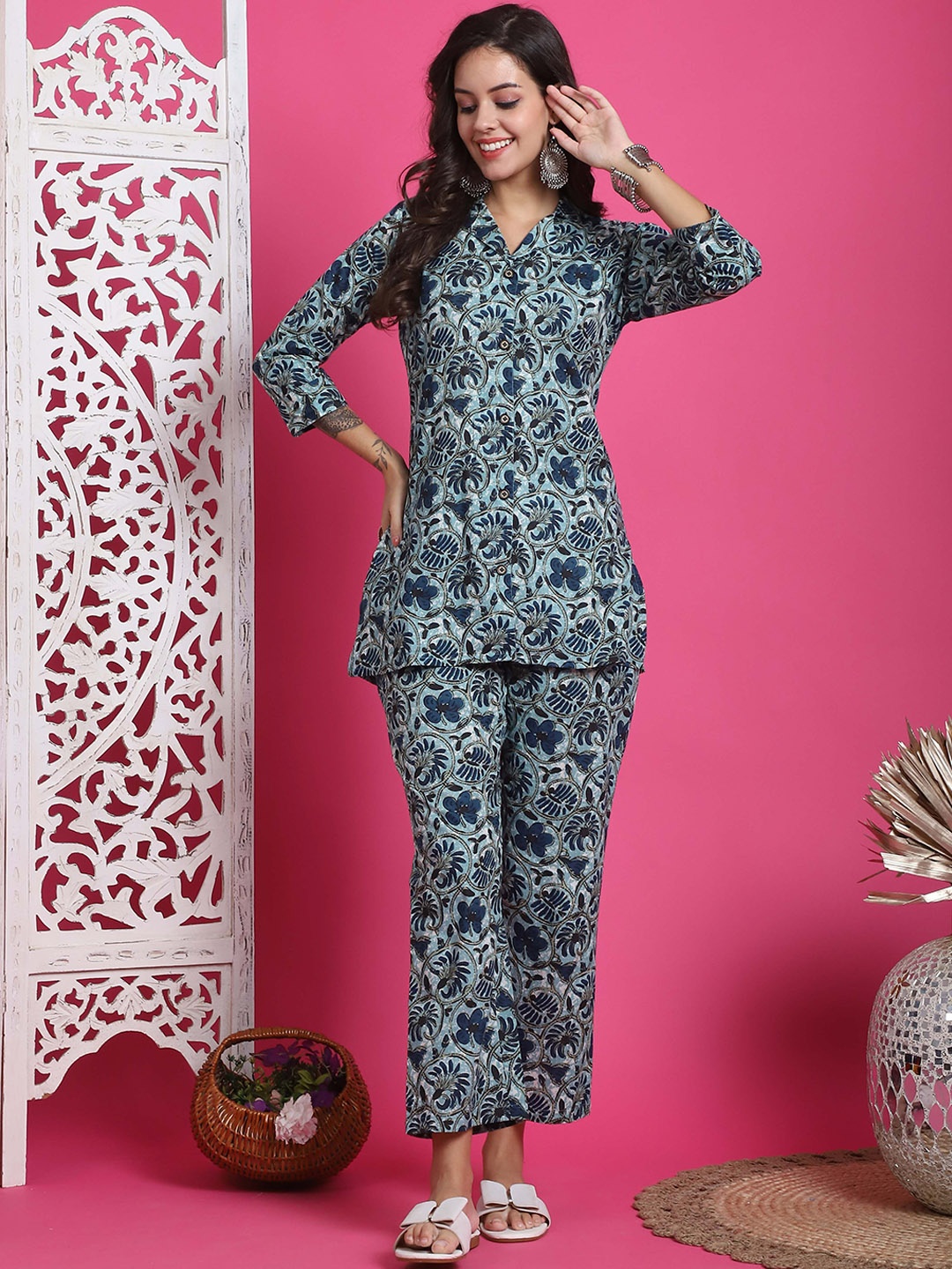 

Roly Poly Printed Pure Cotton Shirt With Trousers Co-Ords, Blue