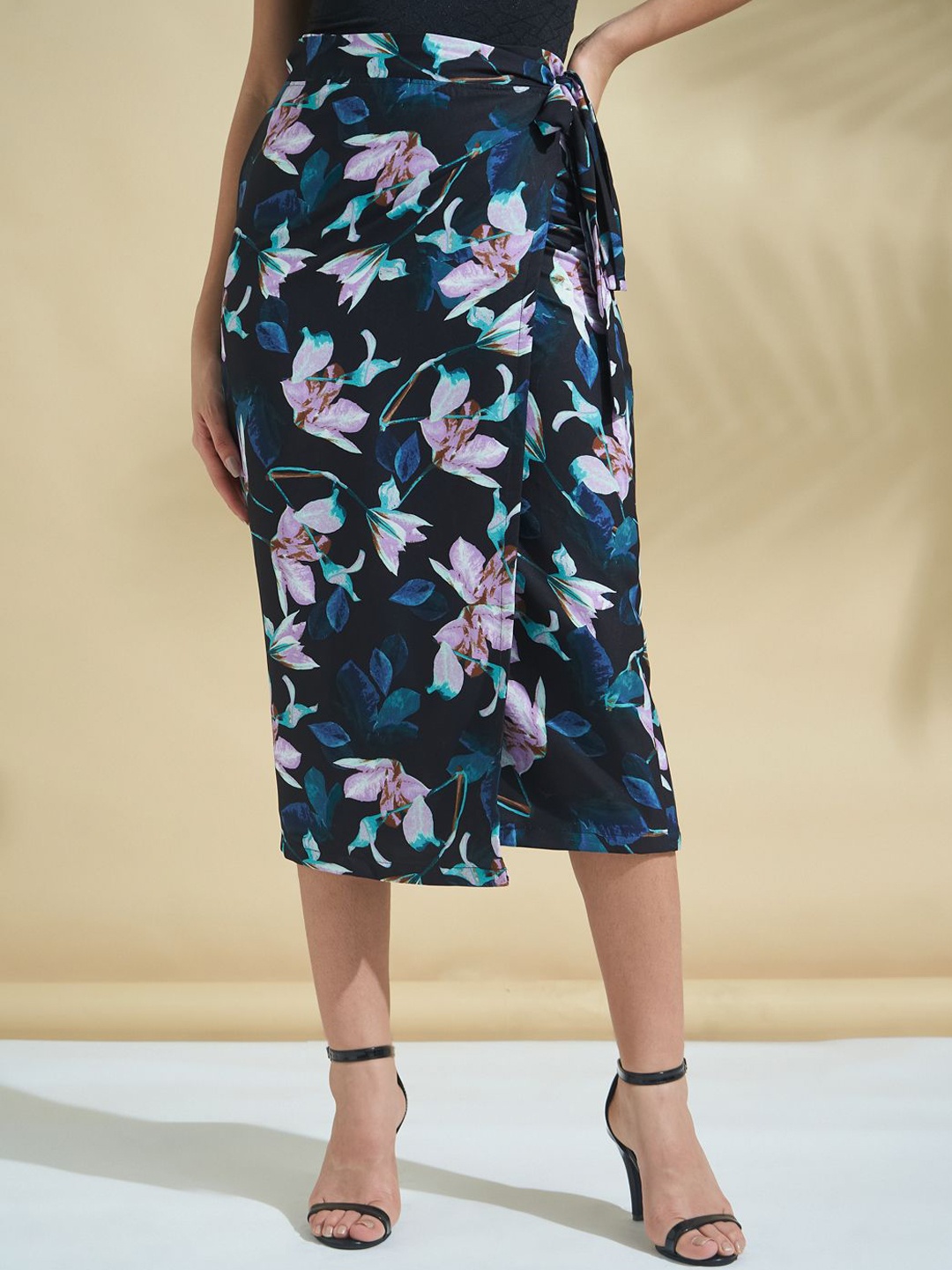

DEPANO Women Floral Printed Warp Midi Skirt, Black