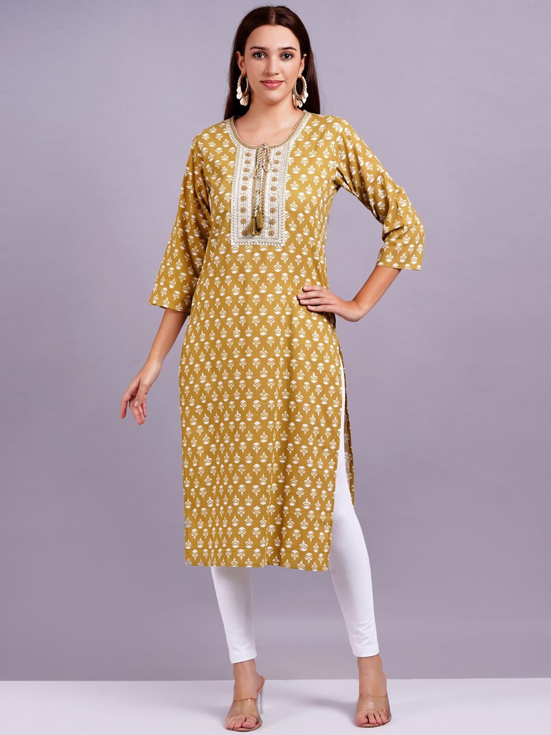 

JC4U Floral Printed Floral Tie-Up Neck Straight Kurta, Yellow