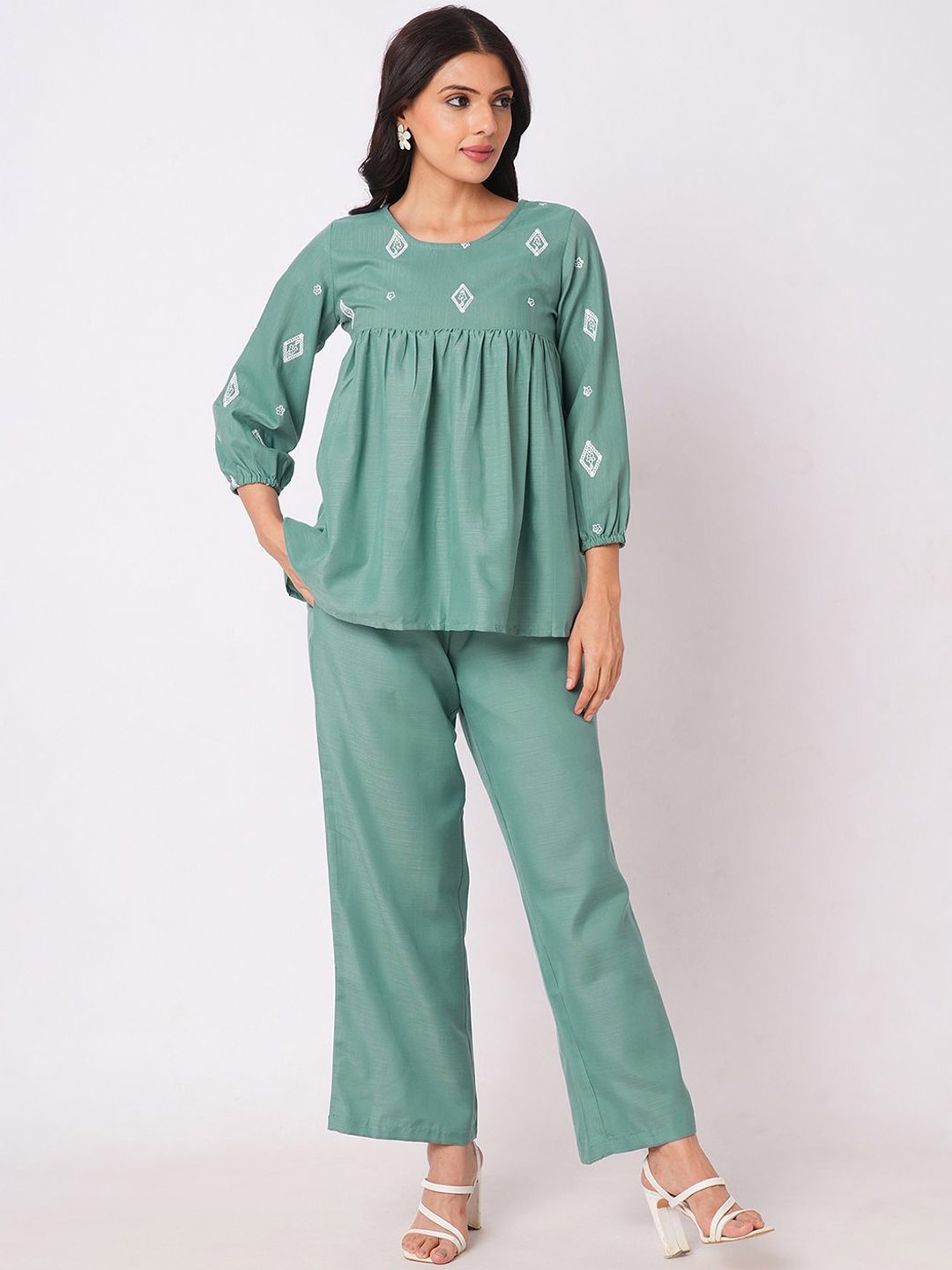 

Selvia Embroidered Three Quarter Sleeve Top & Palazzo Co-Ords, Sea green