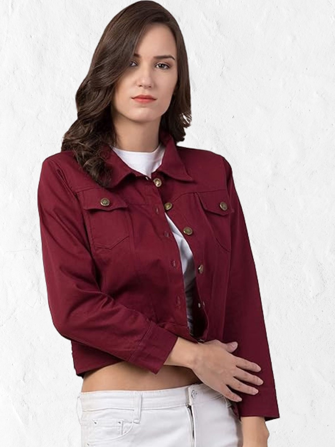 

Funday Fashion Women Spread Collar Solid Cotton Casual Denim Jacket, Maroon