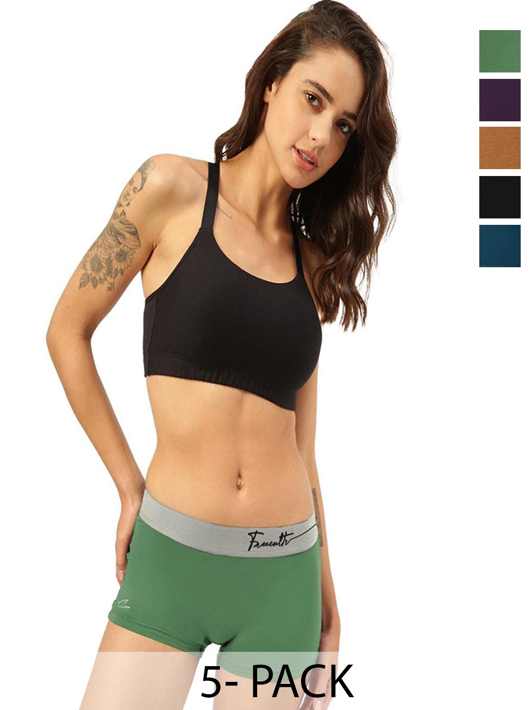 

FREECULTR Women Pack Of 5 Anti Bacterial Boy Shorts Briefs, Green