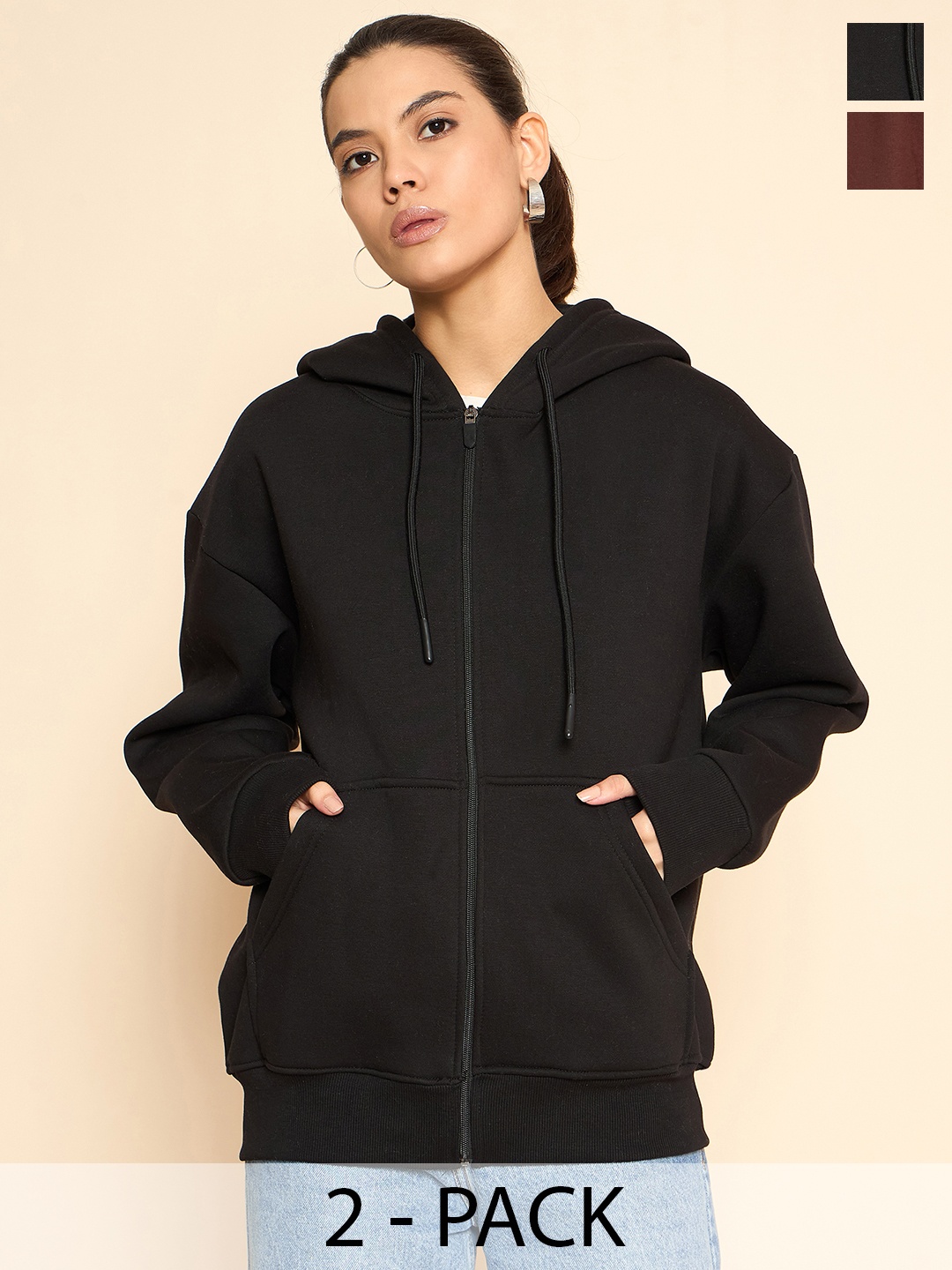 

COLOR CAPITAL Women Solid Hooded Front-Open Cotton Sweatshirt, Black