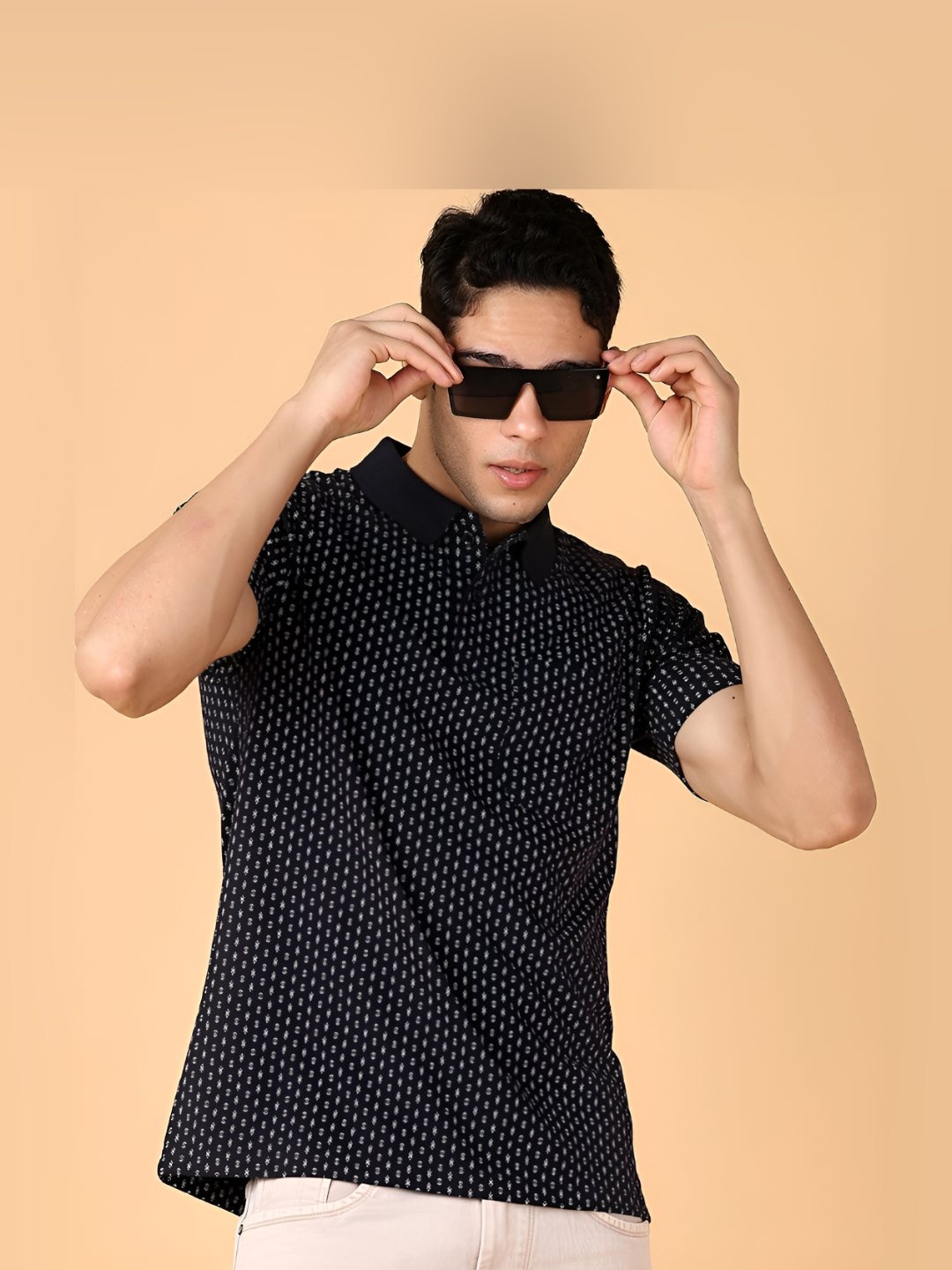 

V-Mart Men Abstract Printed Polo Collar Cotton T-shirt, Navy blue