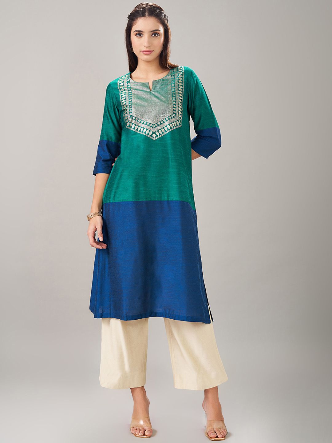 

RANGMANCH BY PANTALOONS Geometric Woven Design Straight Kurta, Teal