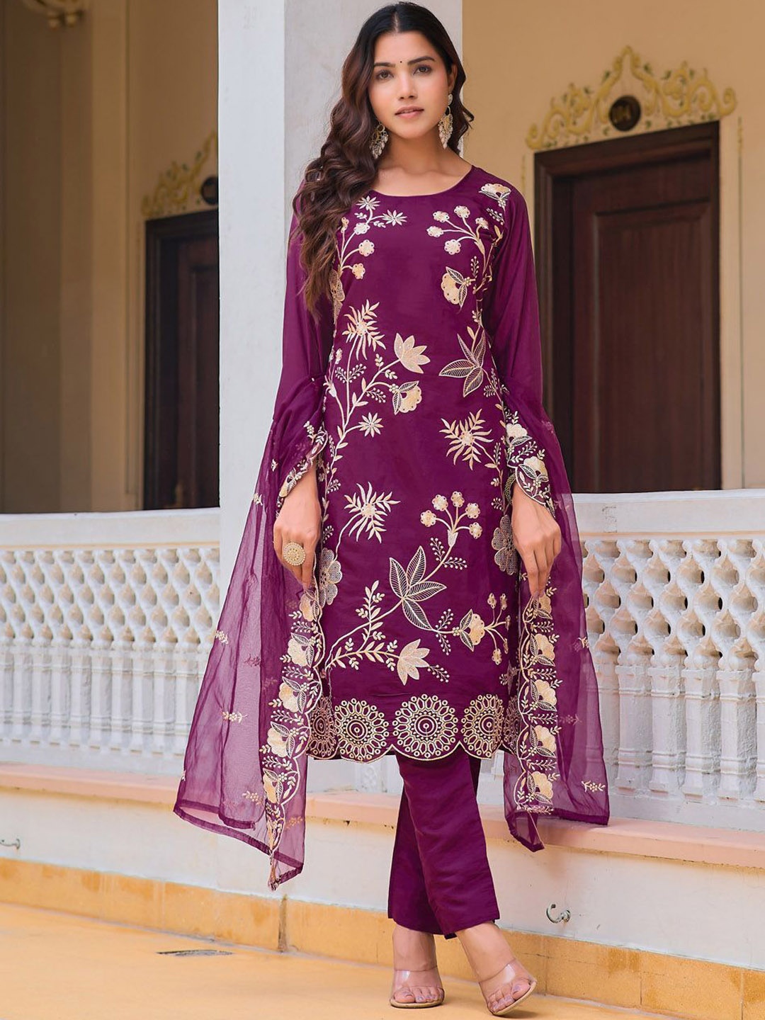 

KALINI Floral Embroidered Thread Work Chanderi Cotton Kurta with Trouser & Dupatta, Purple