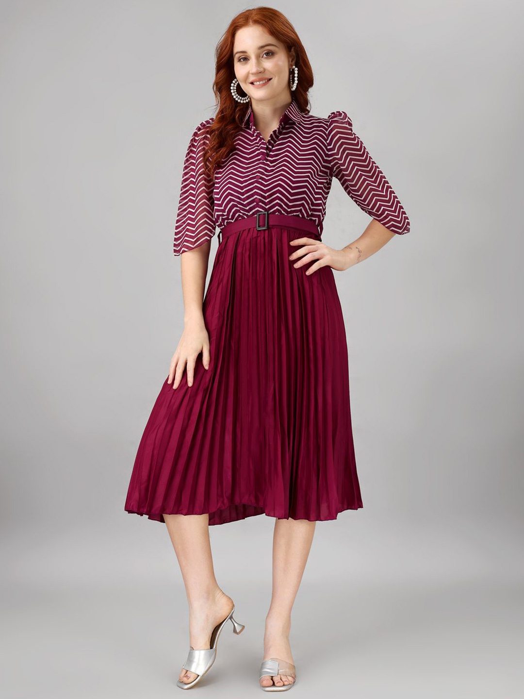 

Raiyani Enterprise Women Striped Applique Georgette Fit & Flare Maxi Dress, Magenta