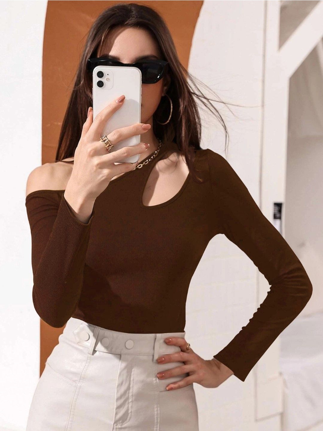 

StyleCast Women One Shoulder Long Sleeves Top, Brown