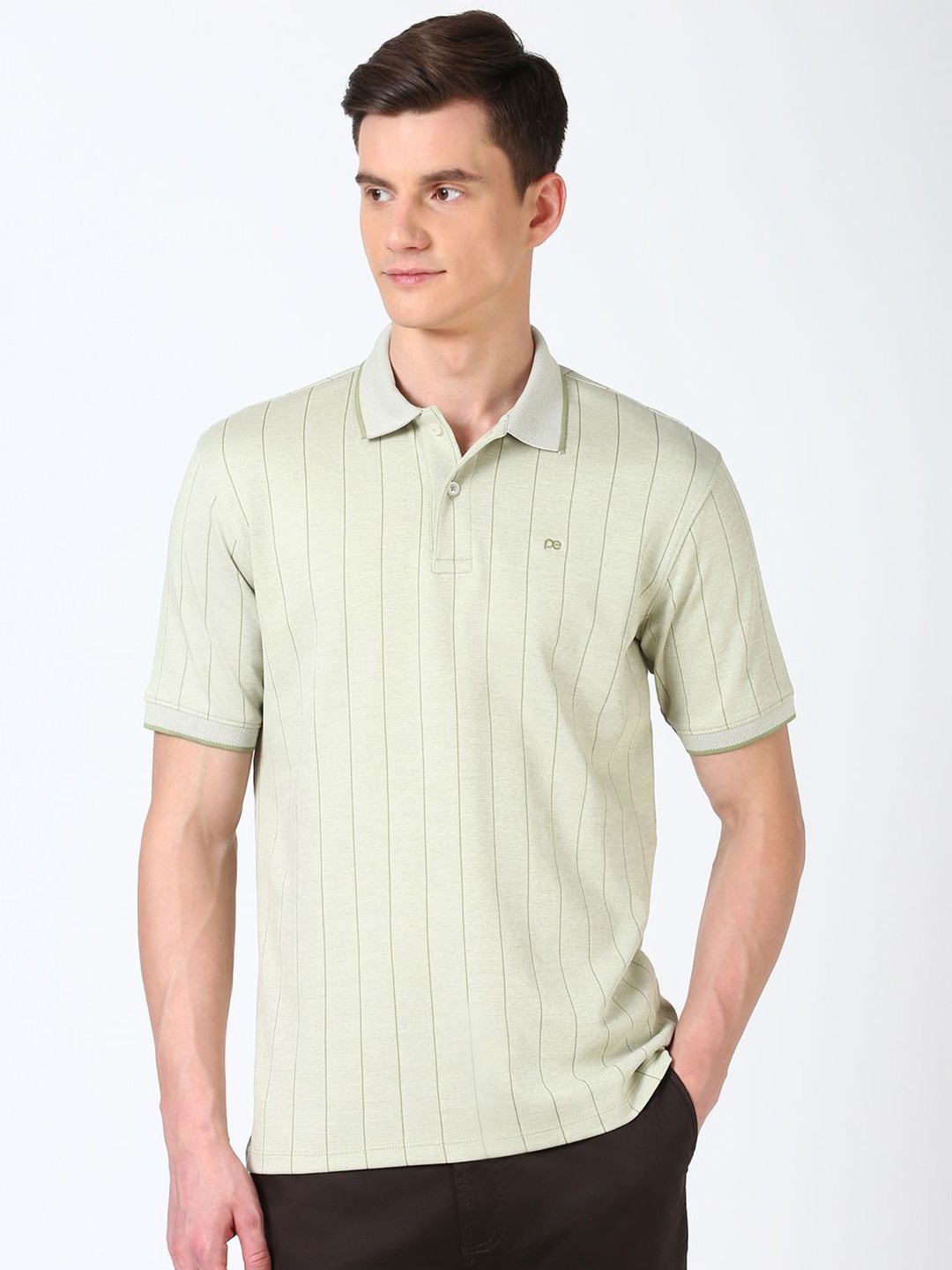 

Peter England Men Striped Polo Collar Cotton T-shirt, Green