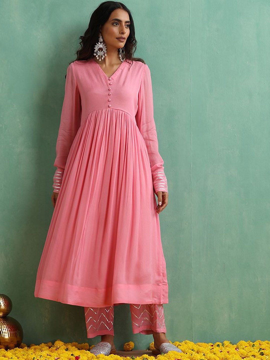 

indy Raaga V-Neck Silk Chiffon Anarkali Kurta With Trousers, Pink