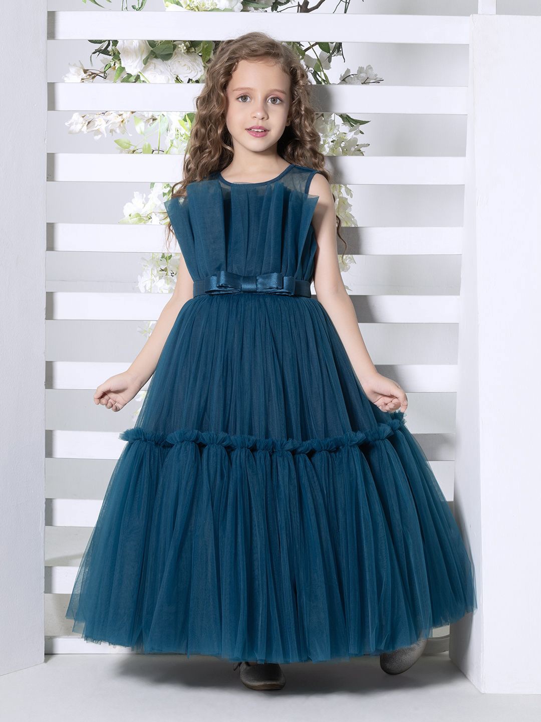 

Ministitch Girls Teal Round Neck Sleeveless Net Maxi Dress