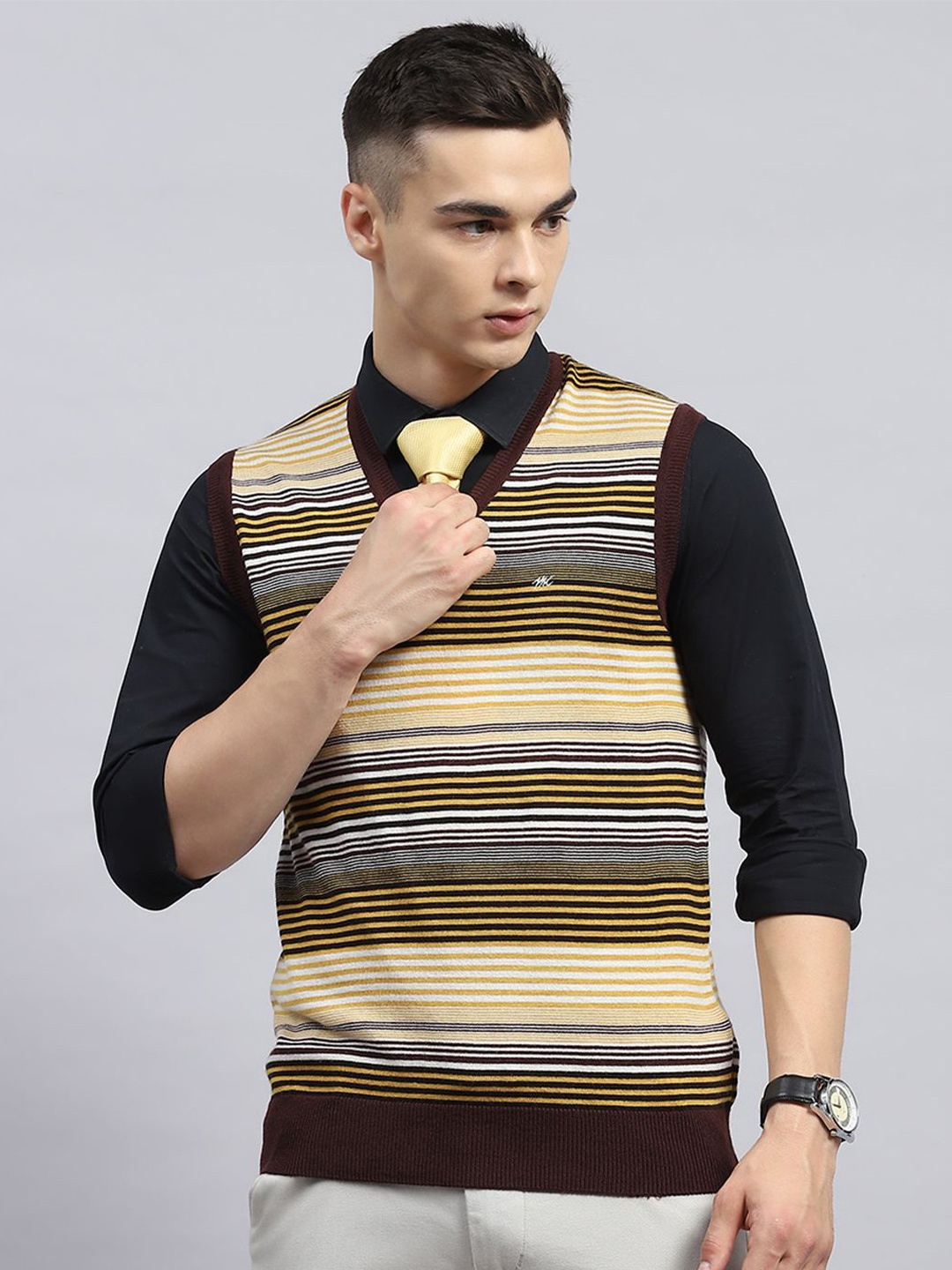 

Monte Carlo Men Striped Woollen Sweater Vest, Yellow