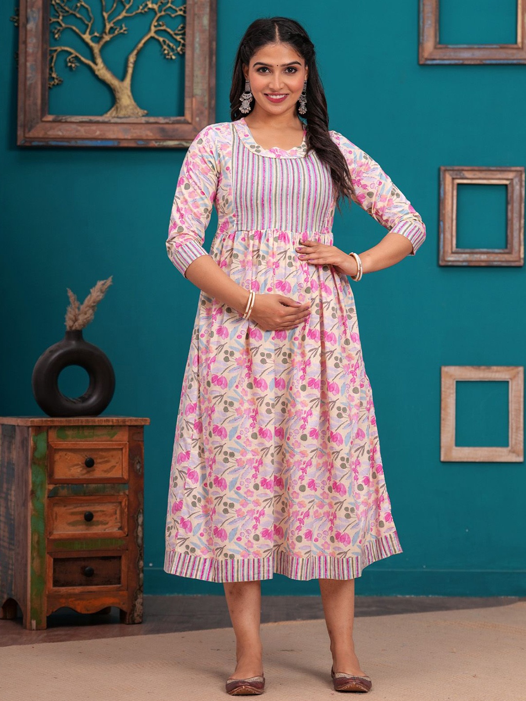 

BAESD Women Floral Printed Maternity Cotton Fit & Flare Dress, Pink