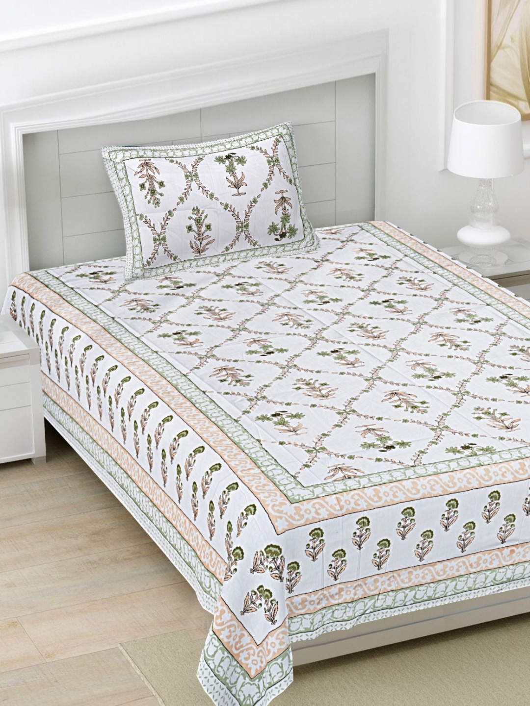 

FrionKandy Living White Floral Printed Cotton 180 TC Single Bedsheet Set 2.28 m x 1.52 m