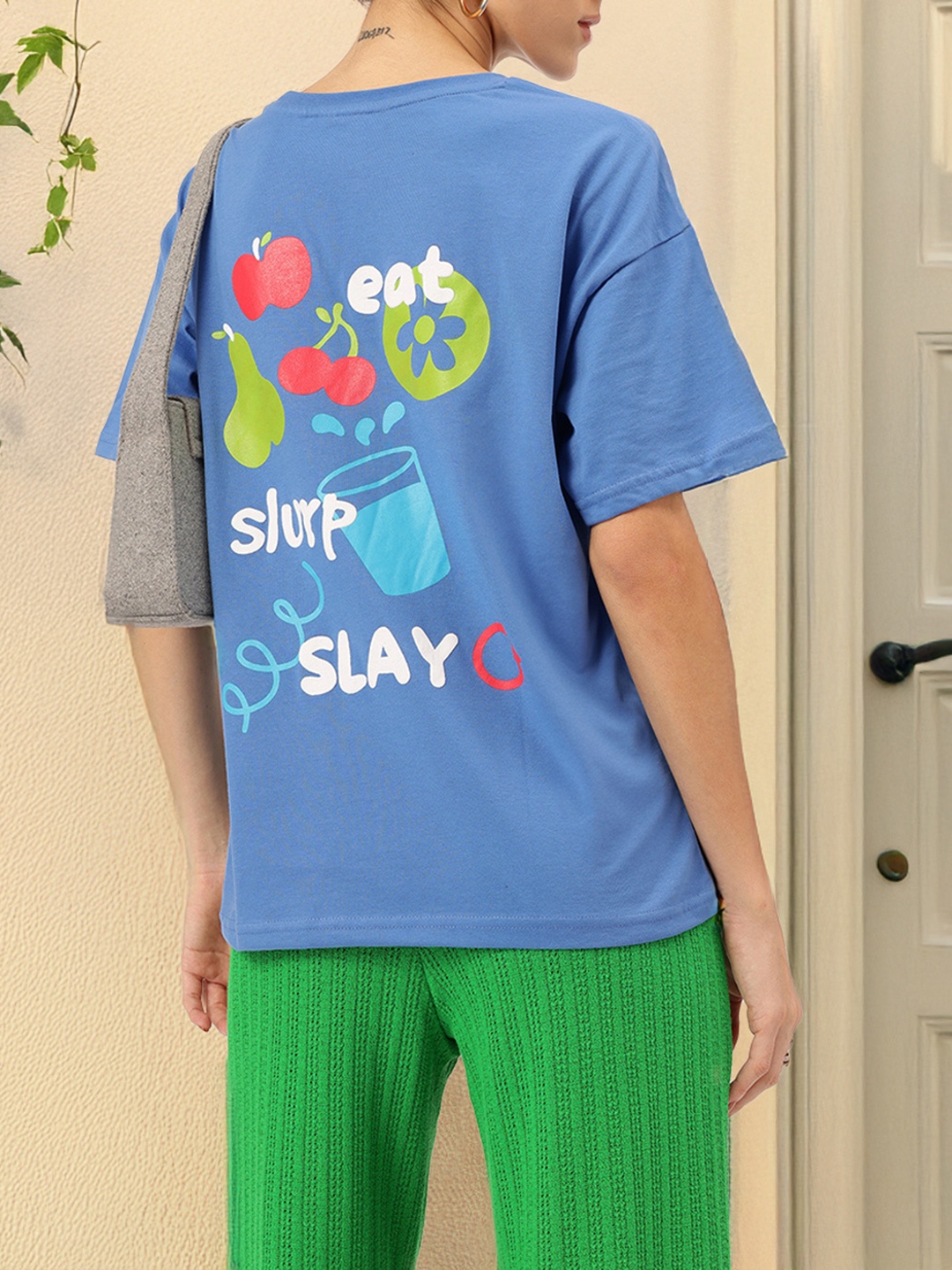 

DressBerry Mood Booster Printed Drop-Shoulder T-shirt, Blue