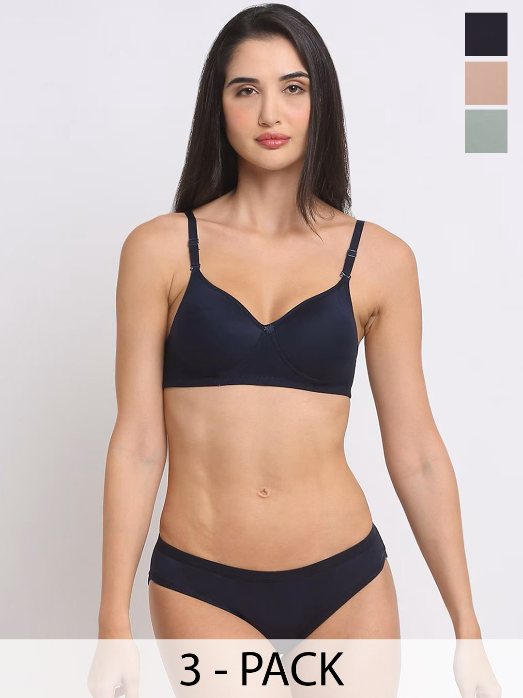 

Designer Bugs Pack Of 3 Women Lightly Padded Lingerie Set, Olive