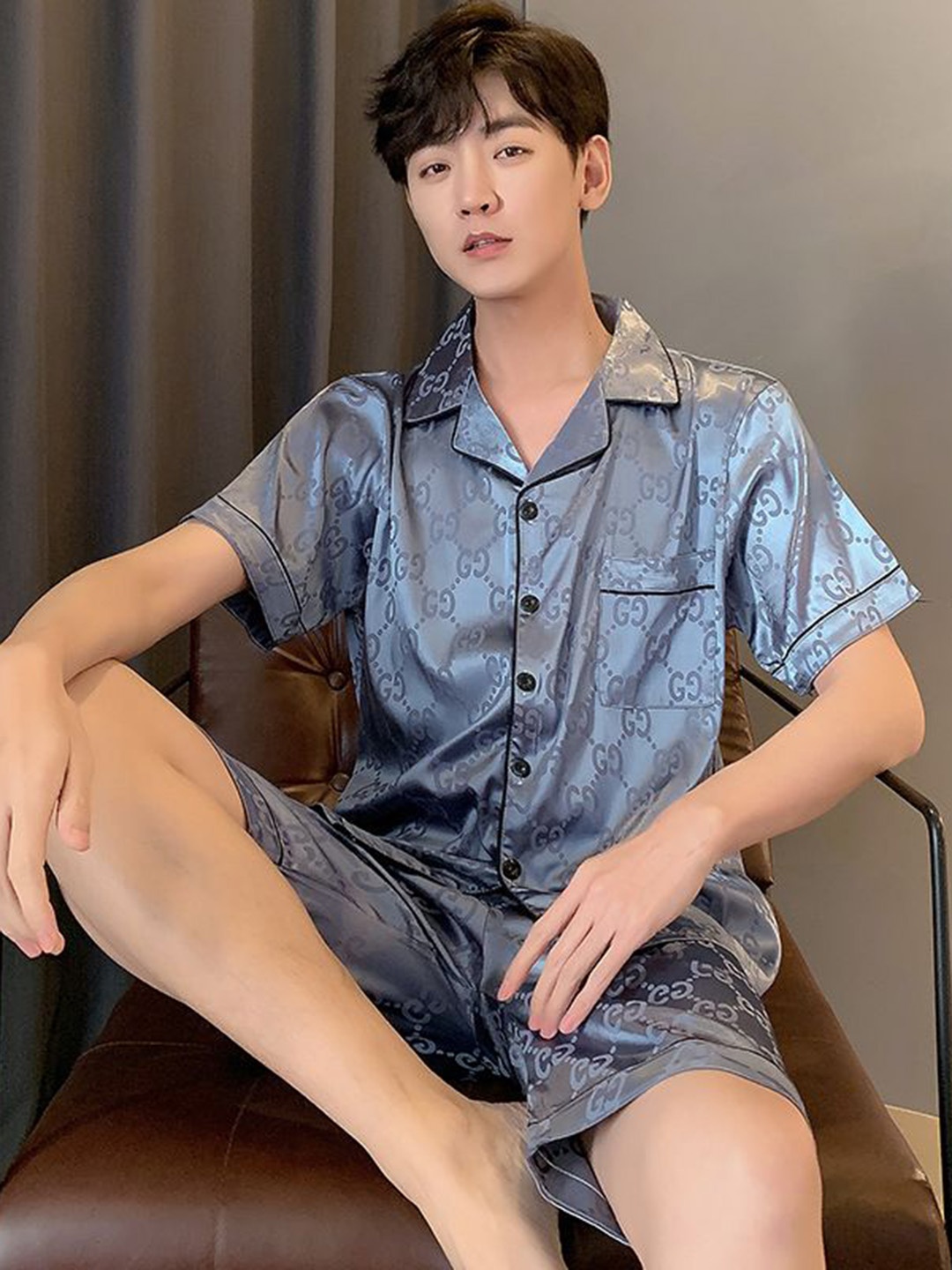 

StyleCast Printed Shirt With Shorts Night Suits, Grey